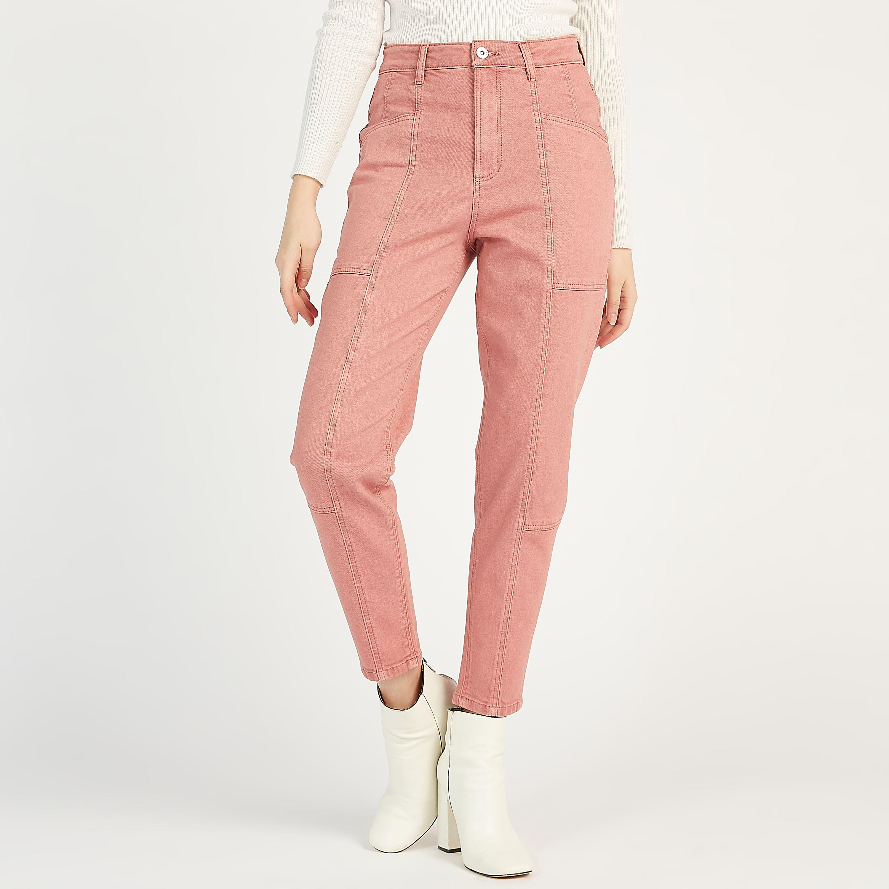 بنطلون جينز بارز الملمس موم فيت بخصر مرتفع وجيوب وعراوي حزام-women-clothing-bottoms-jeans-image-5