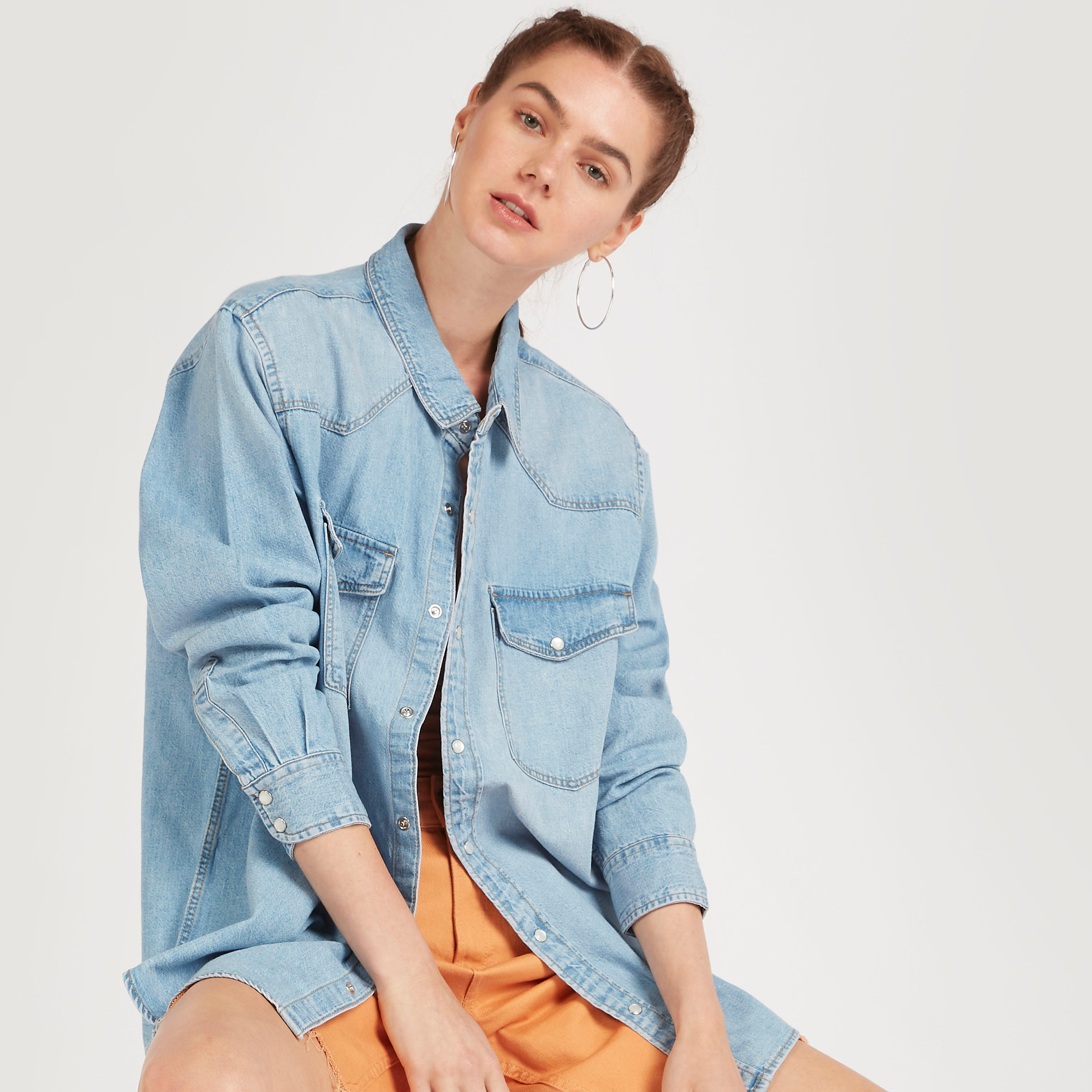 Solid Denim Shirt with Flap Pockets and Long Sleeves-women-clothing-shirtsandblouses-shirts-image-1