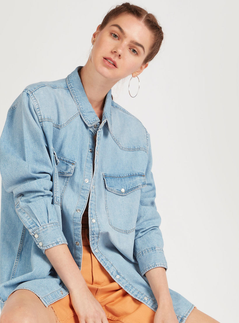 Solid Denim Shirt with Flap Pockets and Long Sleeves-women-clothing-shirtsandblouses-shirts-image-1