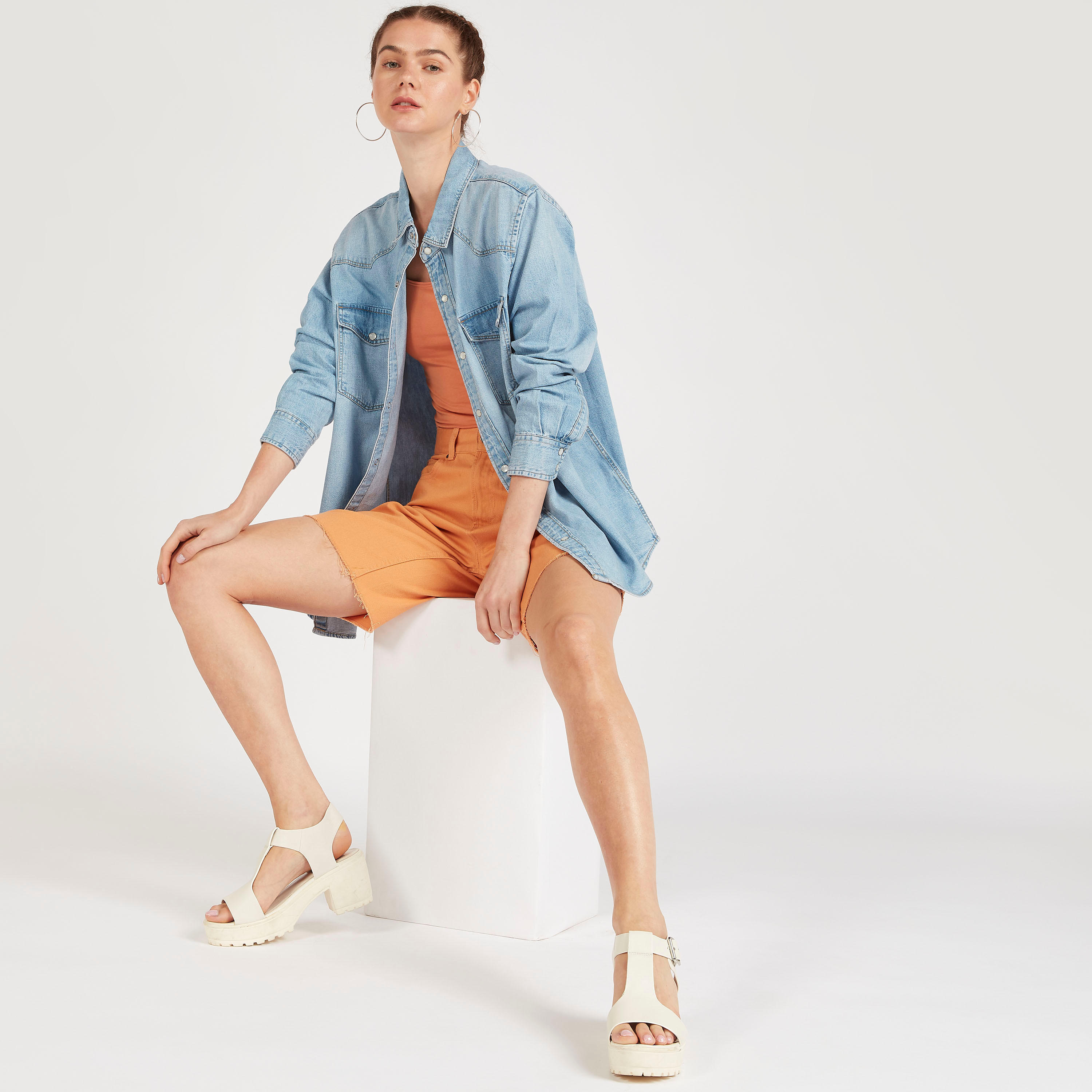 Solid Denim Shirt with Flap Pockets and Long Sleeves-women-clothing-shirtsandblouses-shirts-image-2