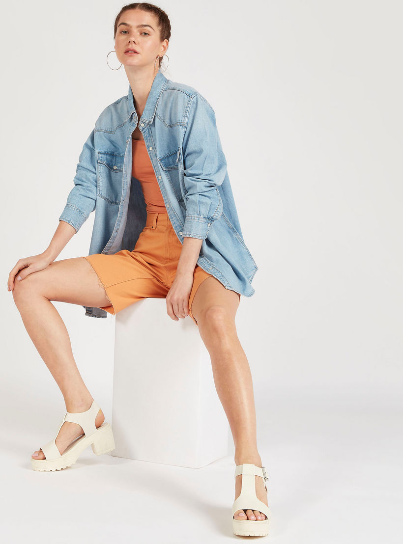 Solid Denim Shirt with Flap Pockets and Long Sleeves-women-clothing-shirtsandblouses-shirts-image-2