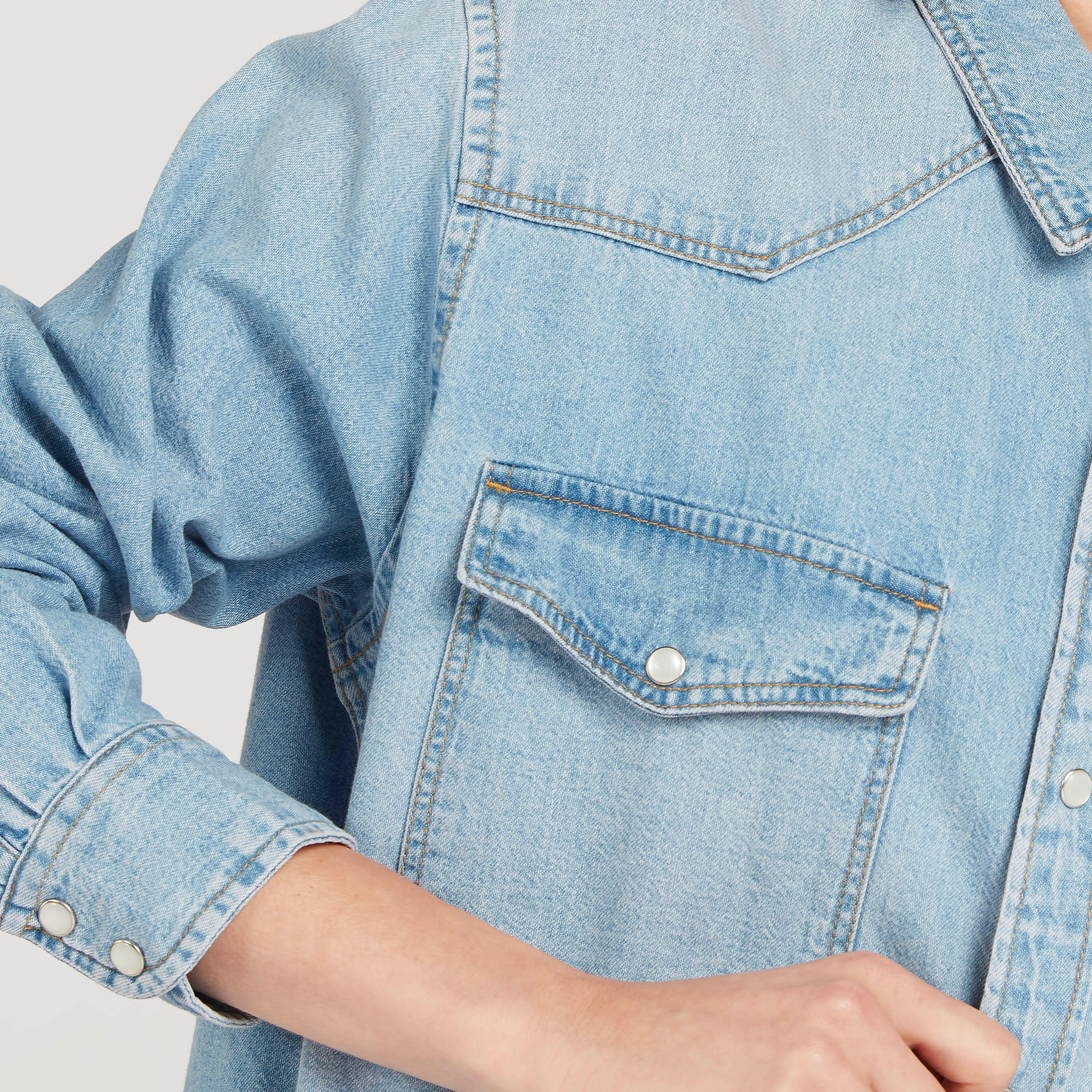 Solid Denim Shirt with Flap Pockets and Long Sleeves-women-clothing-shirtsandblouses-shirts-image-3