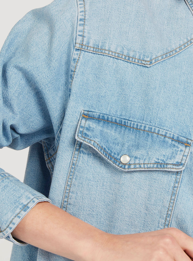 Solid Denim Shirt with Flap Pockets and Long Sleeves-women-clothing-shirtsandblouses-shirts-image-3