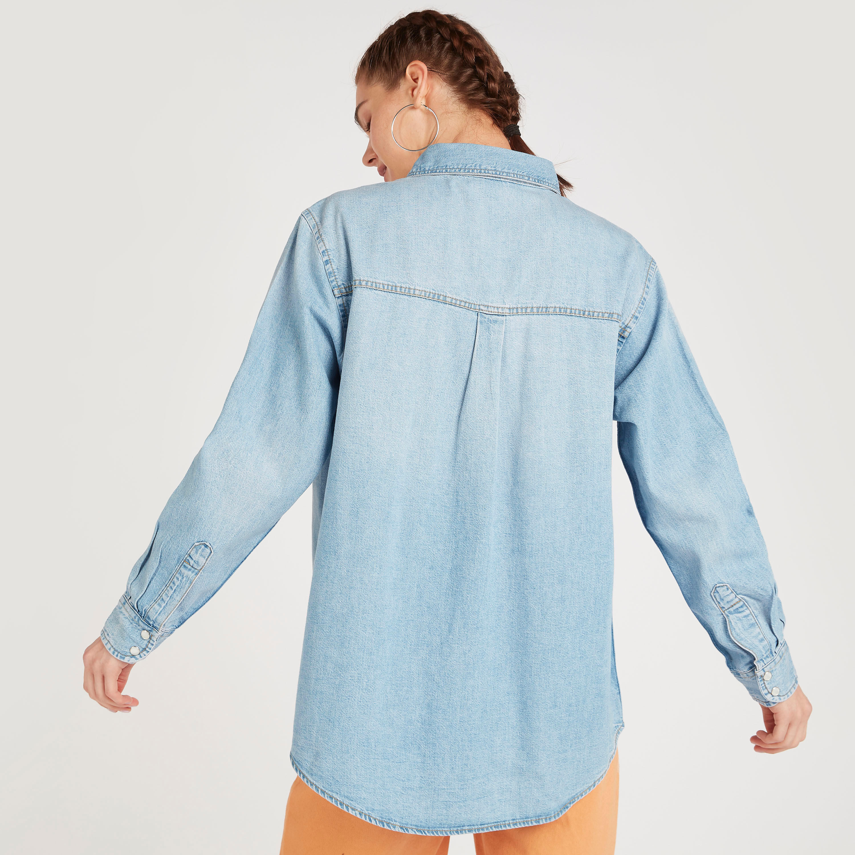Solid Denim Shirt with Flap Pockets and Long Sleeves-women-clothing-shirtsandblouses-shirts-image-4