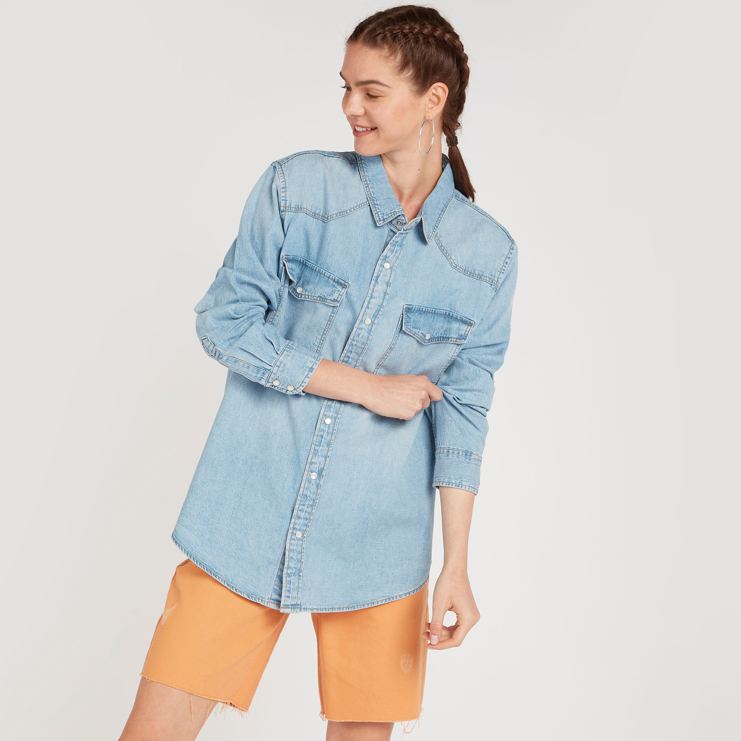 Solid Denim Shirt with Flap Pockets and Long Sleeves-women-clothing-shirtsandblouses-shirts-image-5
