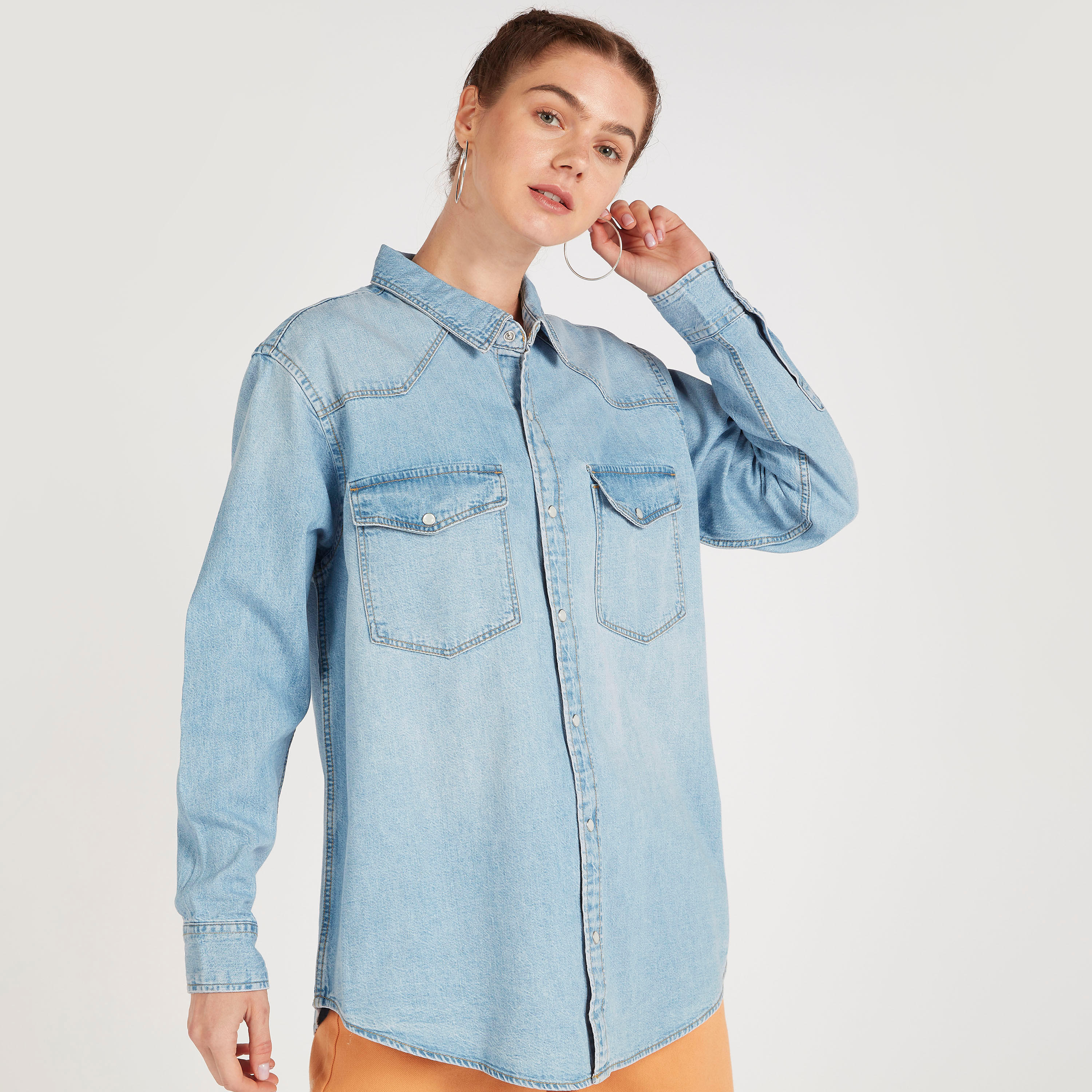 Solid Denim Shirt with Flap Pockets and Long Sleeves-women-clothing-shirtsandblouses-shirts-image-6