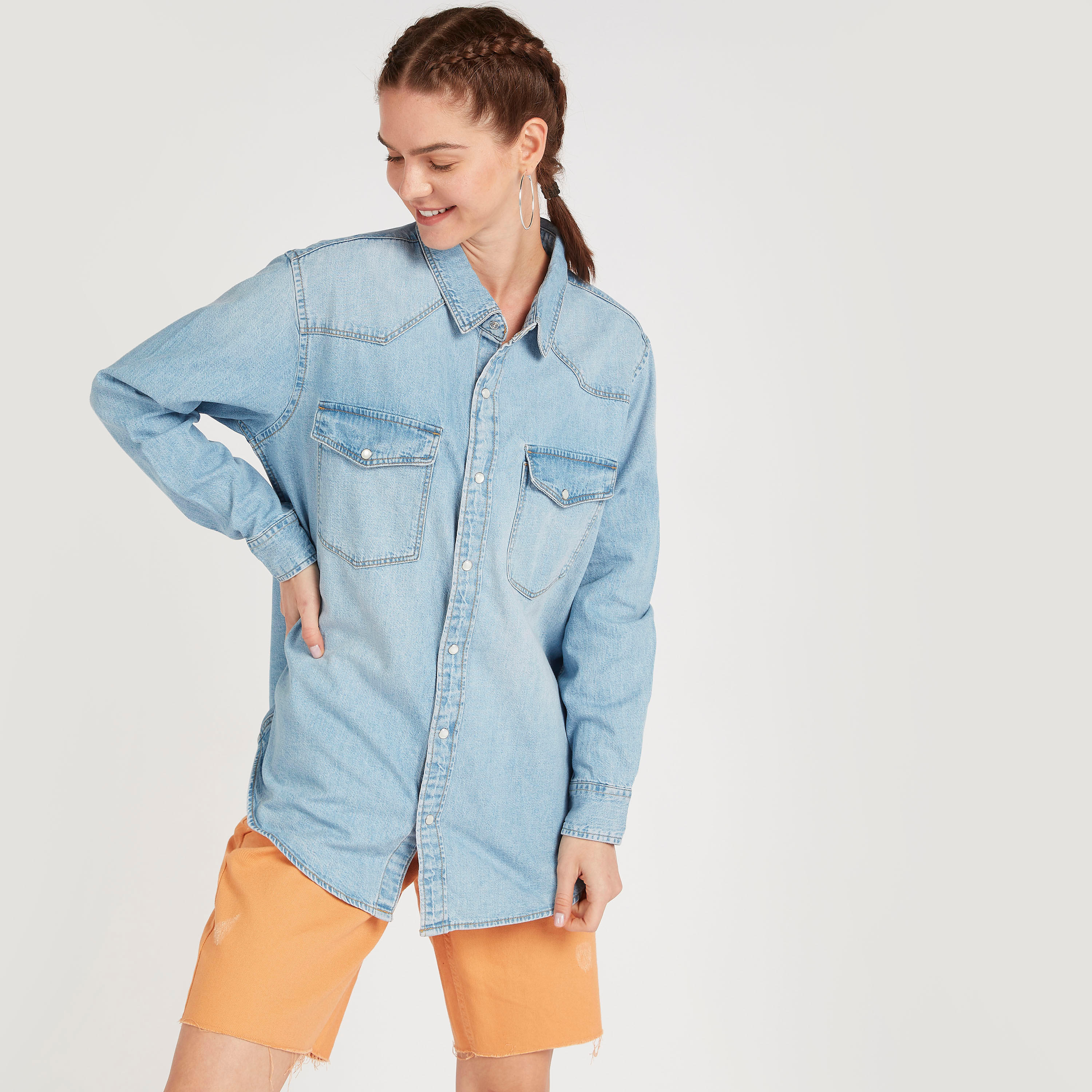 Solid Denim Shirt with Flap Pockets and Long Sleeves-women-clothing-shirtsandblouses-shirts-image-7