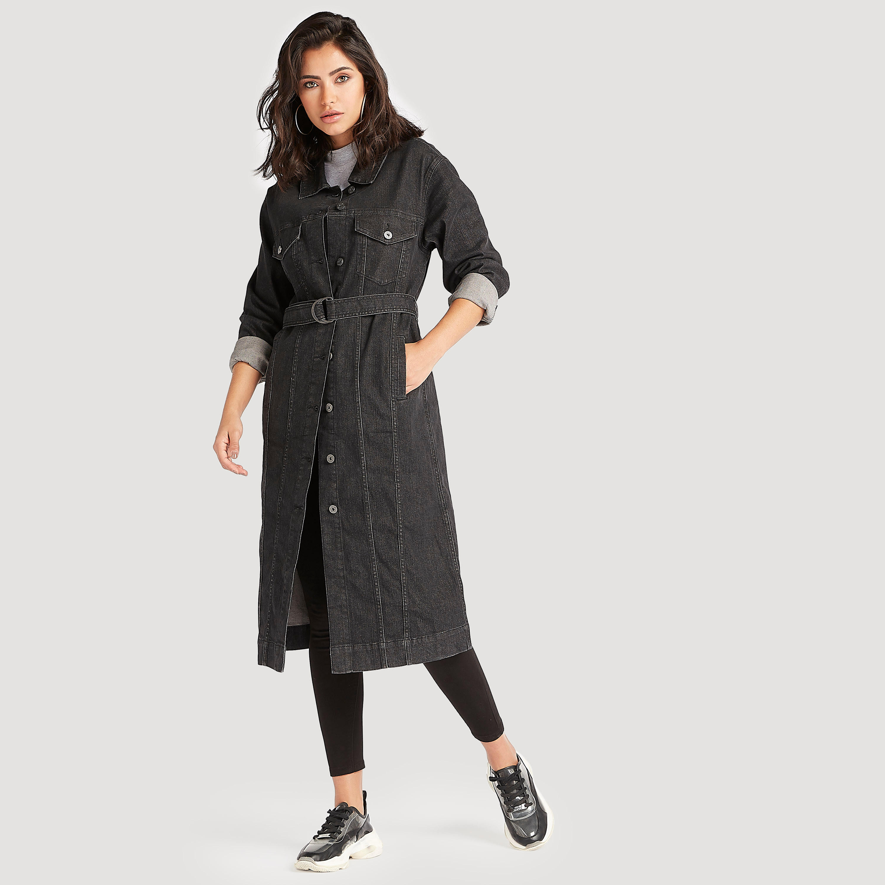 جاكيت دنيم طويل بياقة عادية وأكمام طويلة-women-winterwear-coatsandjackets-jackets-image-1