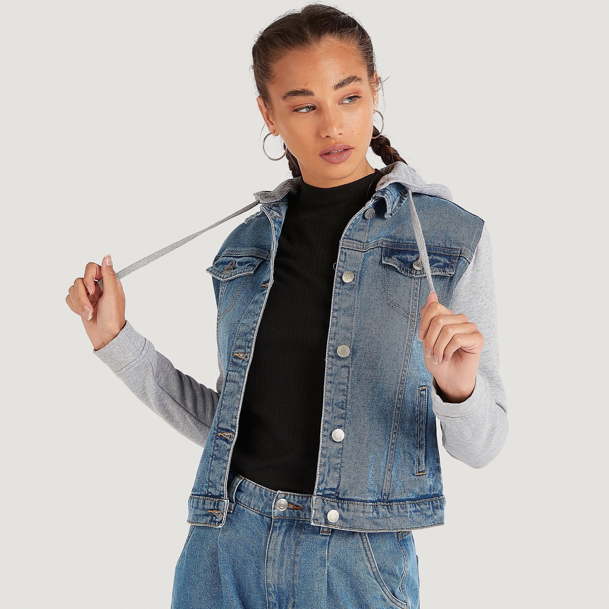 Solid Denim Jacket with Hood and Long Sleeves-women-winterwear-coatsandjackets-jackets-image-1