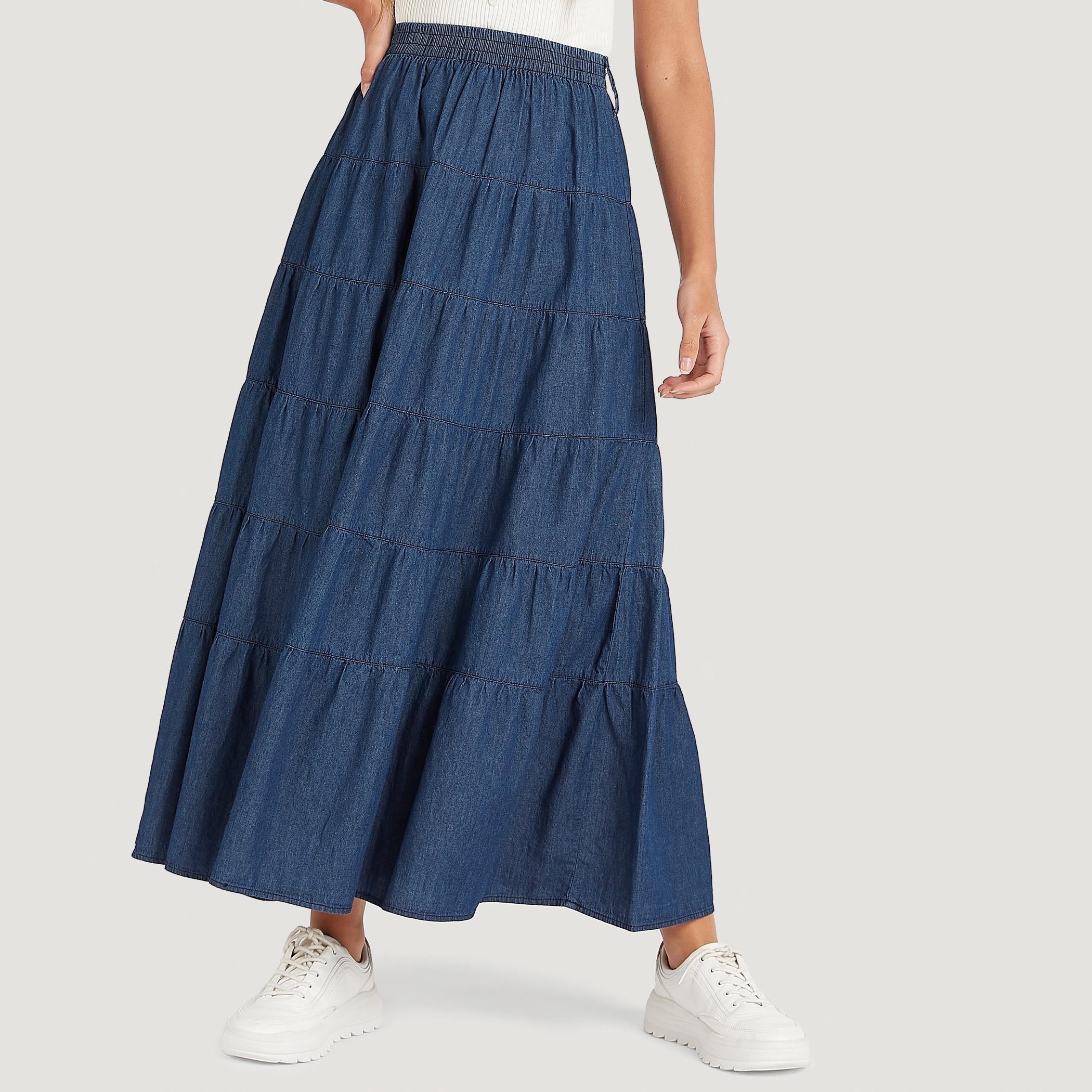 تنورة طويلة إية لاين بارزة الملمس بخصر مطاطي-women-clothing-bottoms-skirts-image-1