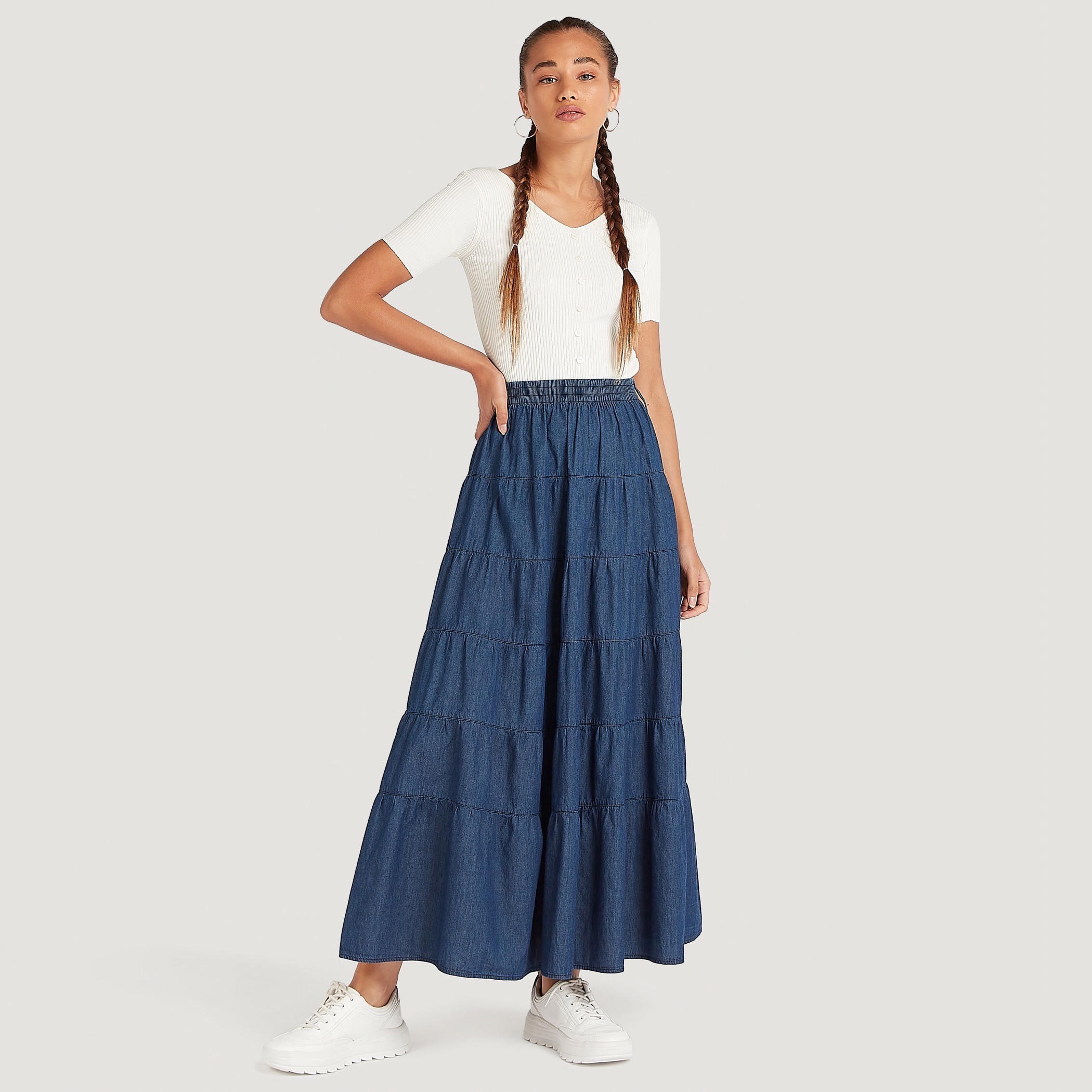 تنورة طويلة إية لاين بارزة الملمس بخصر مطاطي-women-clothing-bottoms-skirts-image-2