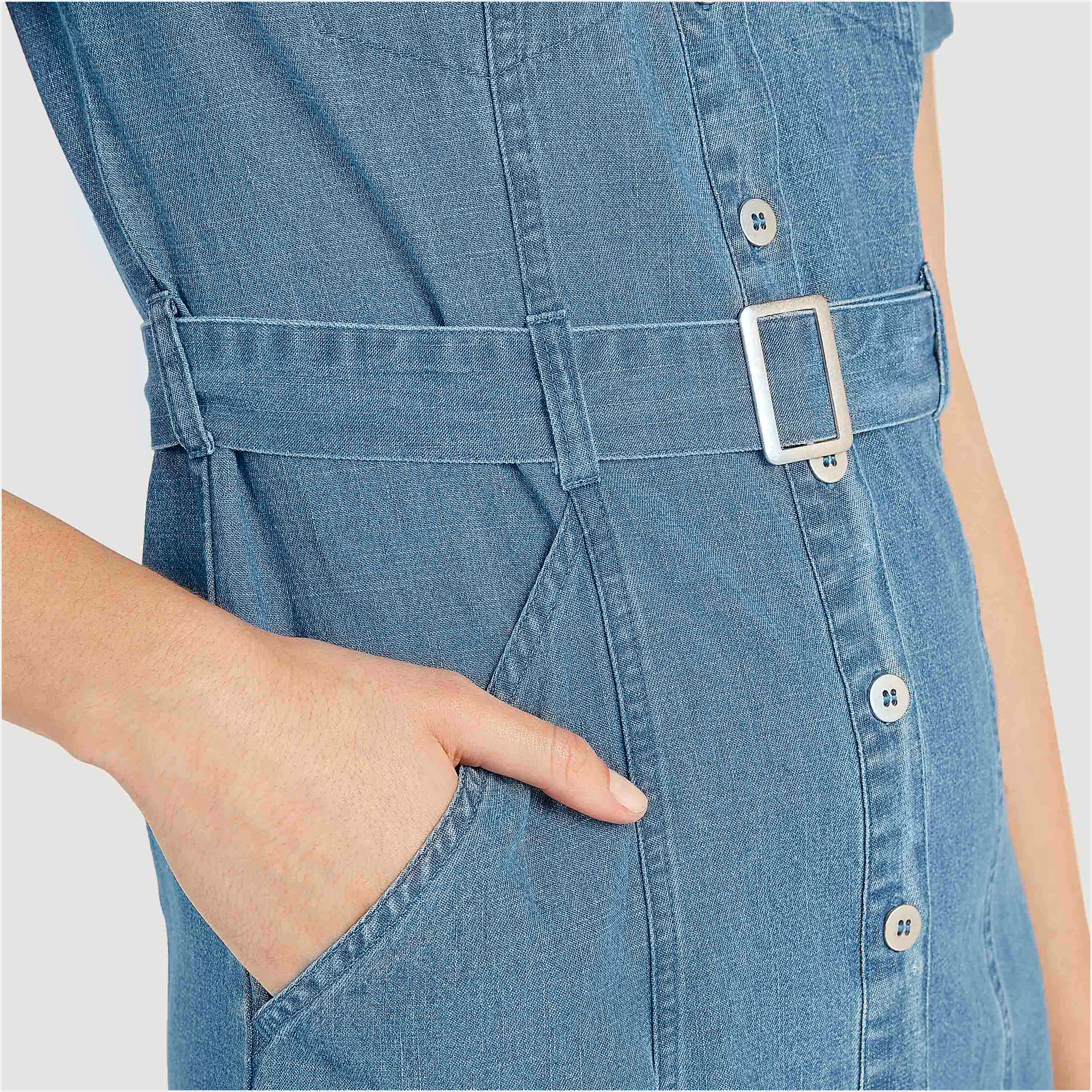 فستان قميص ميدي دنيم سادة بأكمام قصيرة وحزام-women-clothing-dresses-image-3