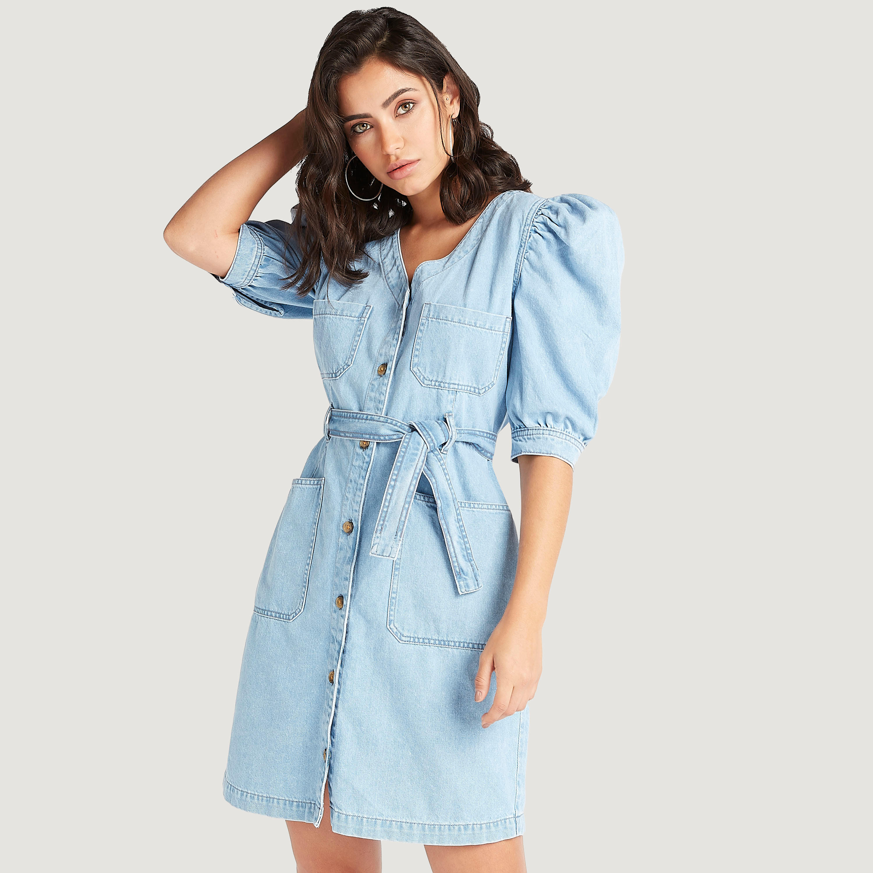 فستان إيه لاين دنيم سادة بأكمام قصيرة منفوخة وحزام-women-clothing-dresses-image-1