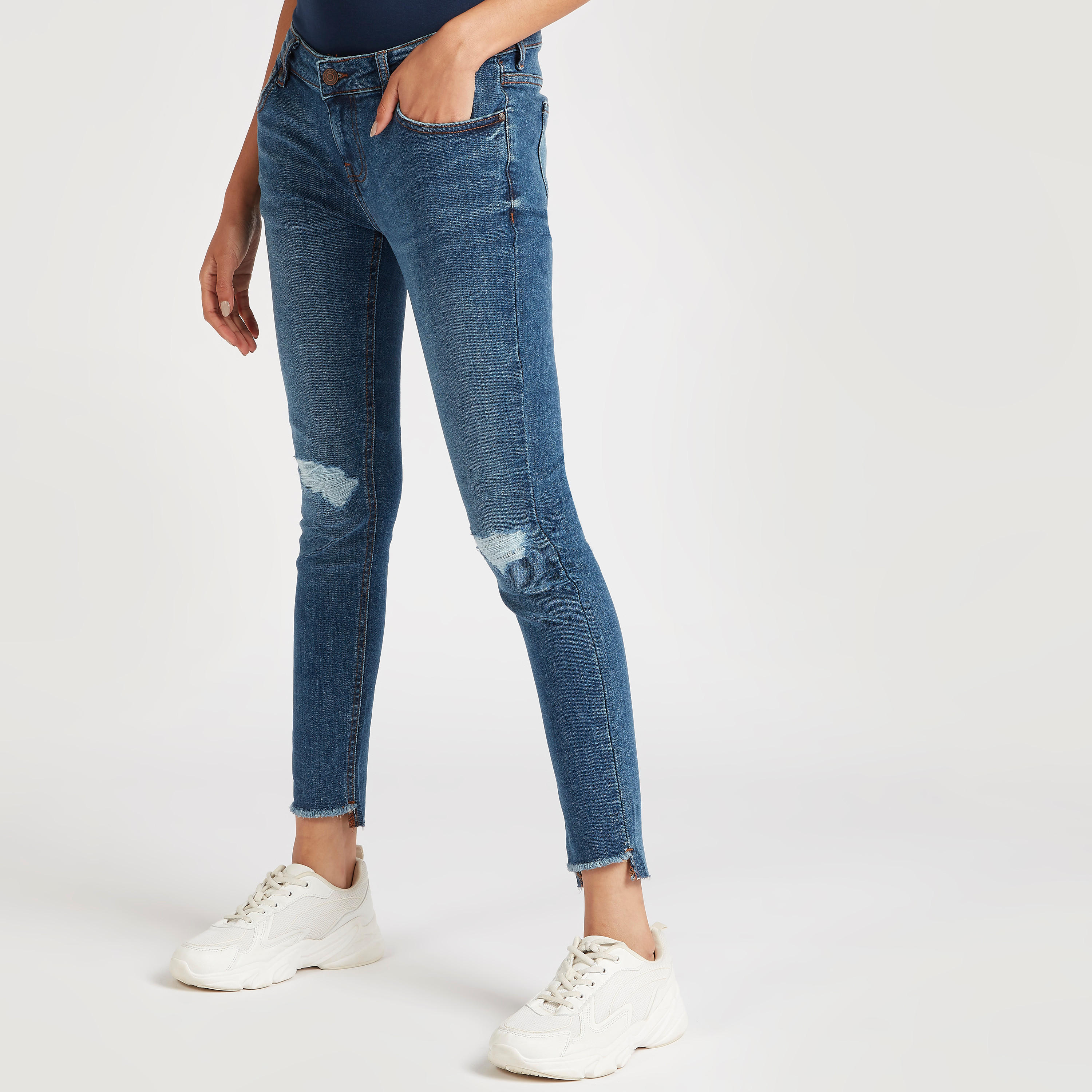 بنطلون جينز سادة مضلّع بخصر متوسط الارتفاع وطول الكاحل و5 جيوب-women-clothing-bottoms-jeans-image-4