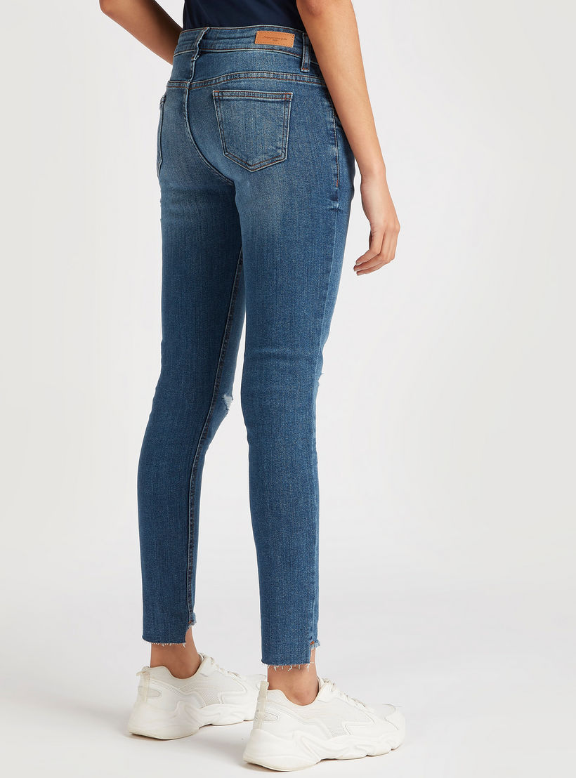 بنطلون جينز سادة مضلّع بخصر متوسط الارتفاع وطول الكاحل و5 جيوب-women-clothing-bottoms-jeans-image-1