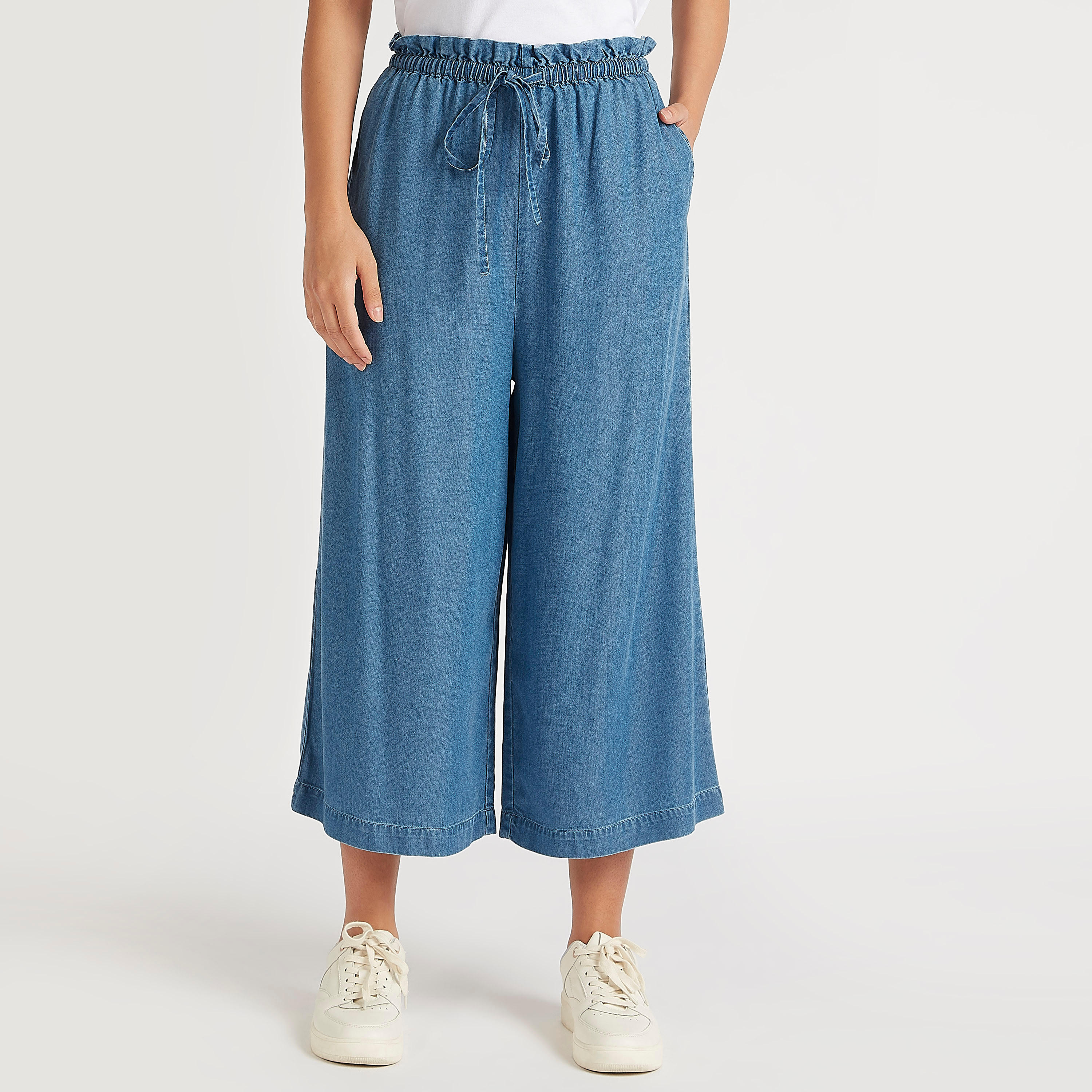 Solid Flexi Waist Palazzo Pants with Drawstring Closure and Pockets-women-clothing-bottoms-trousers-image-1