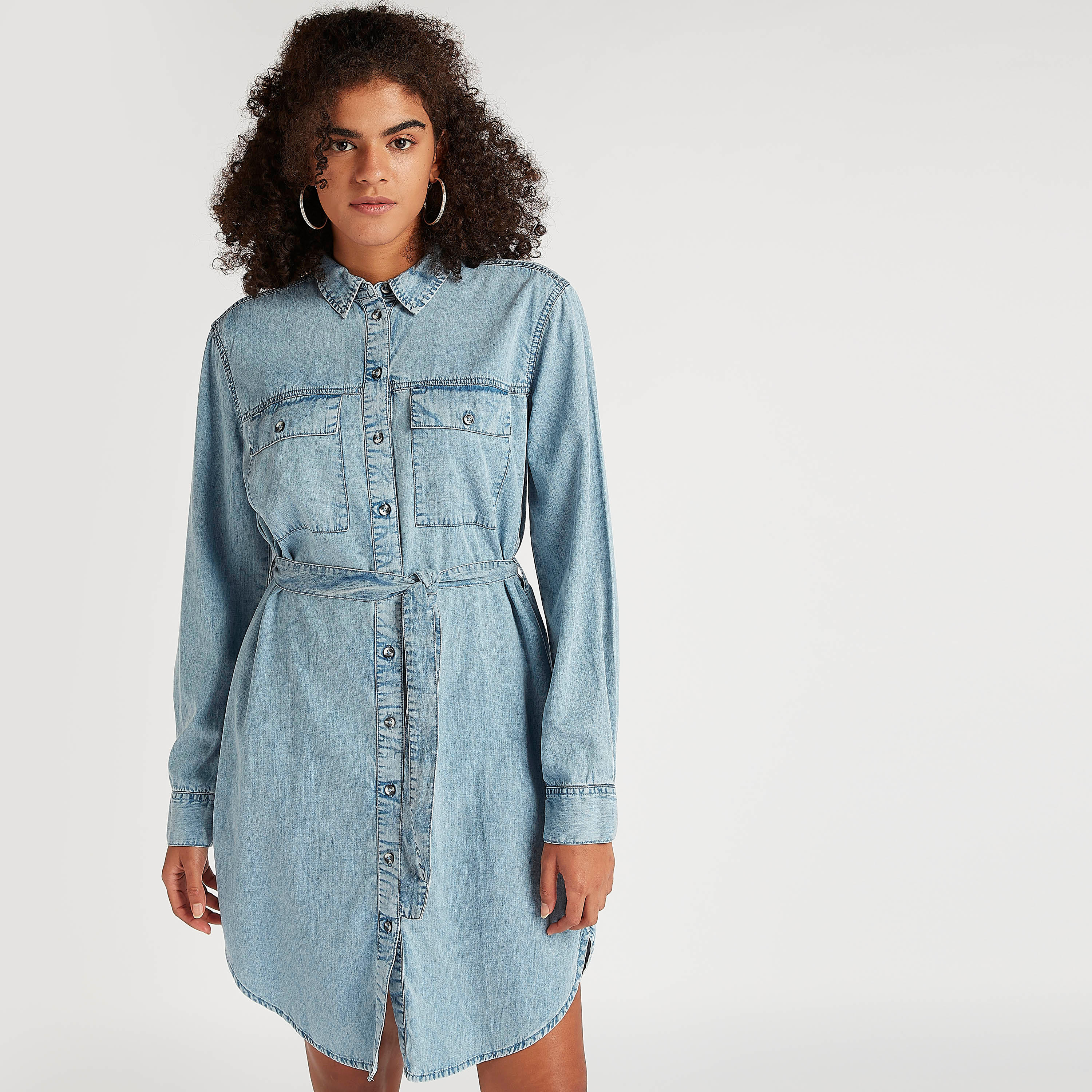 تونيك دينم بياقة عادية وأكمام طويلة ورباط على الخصر-women-clothing-shirtsandblouses-blouses-image-1