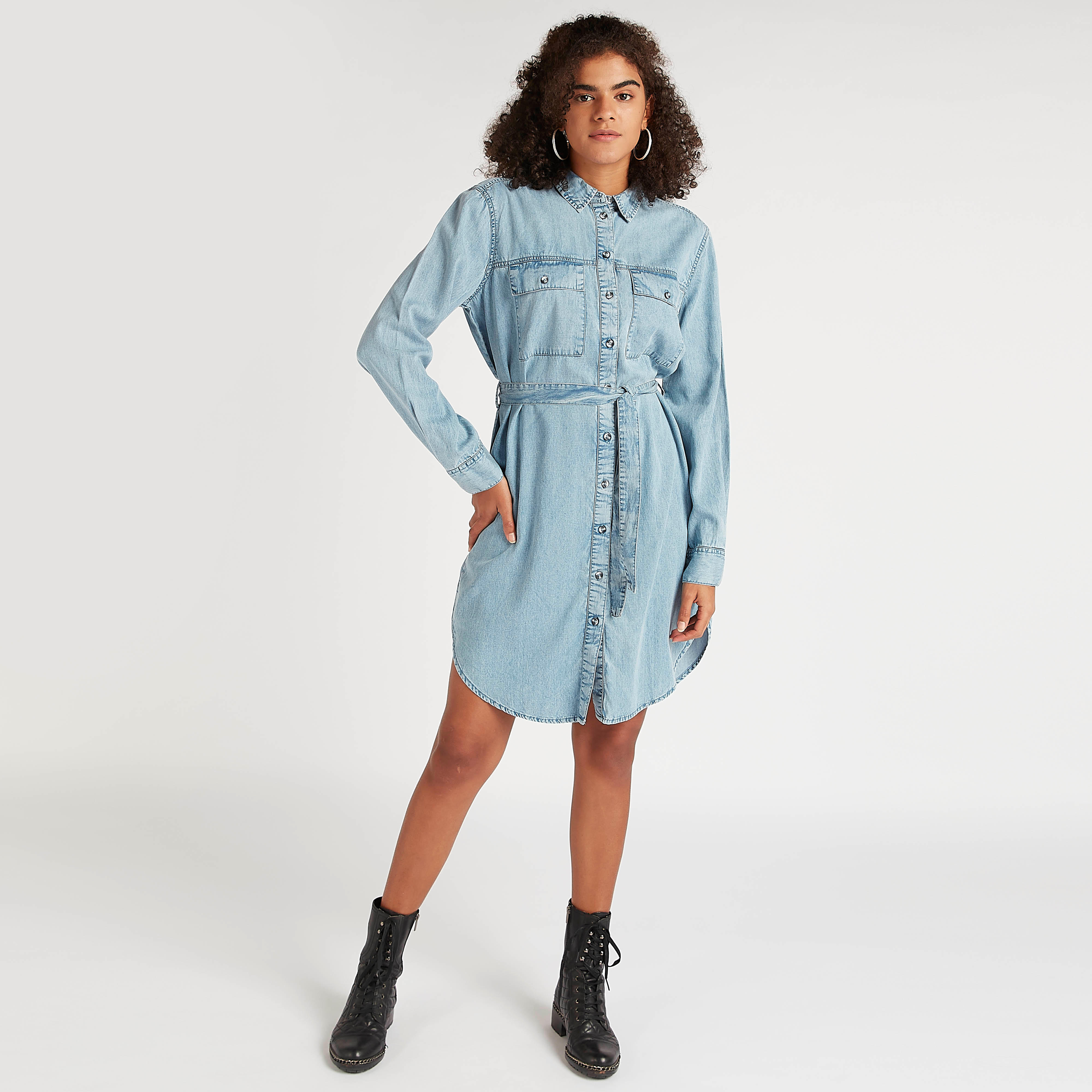 تونيك دينم بياقة عادية وأكمام طويلة ورباط على الخصر-women-clothing-shirtsandblouses-blouses-image-2