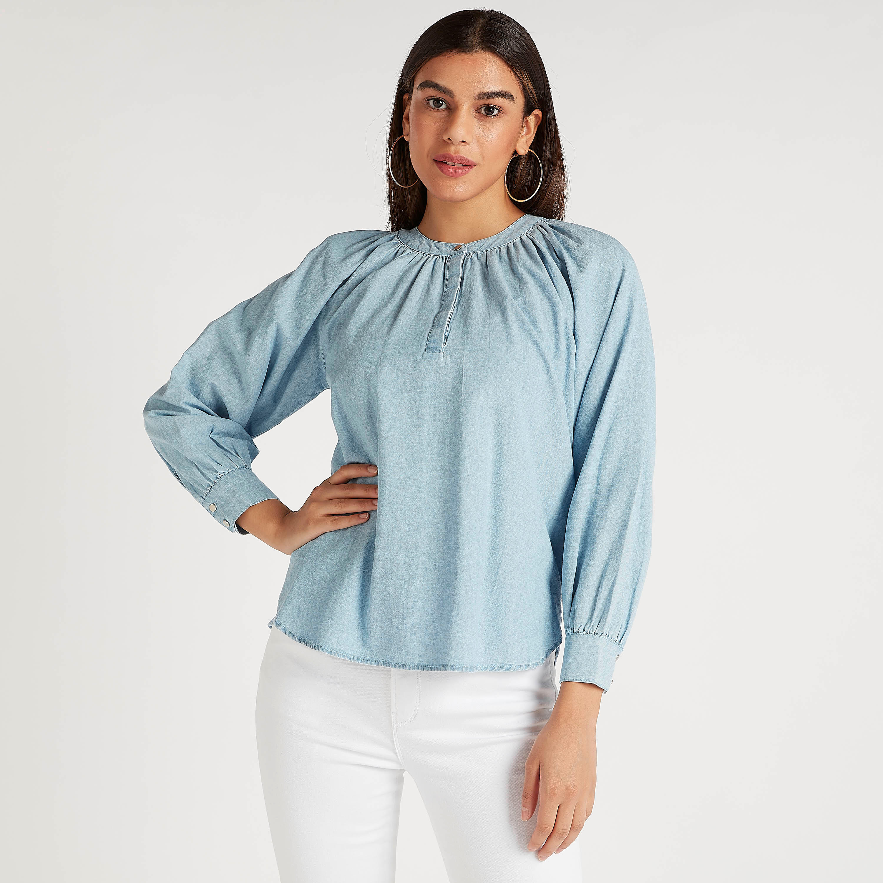 Solid Top with Mandarin Collar and Long Sleeves-women-clothing-shirtsandblouses-blouses-image-1