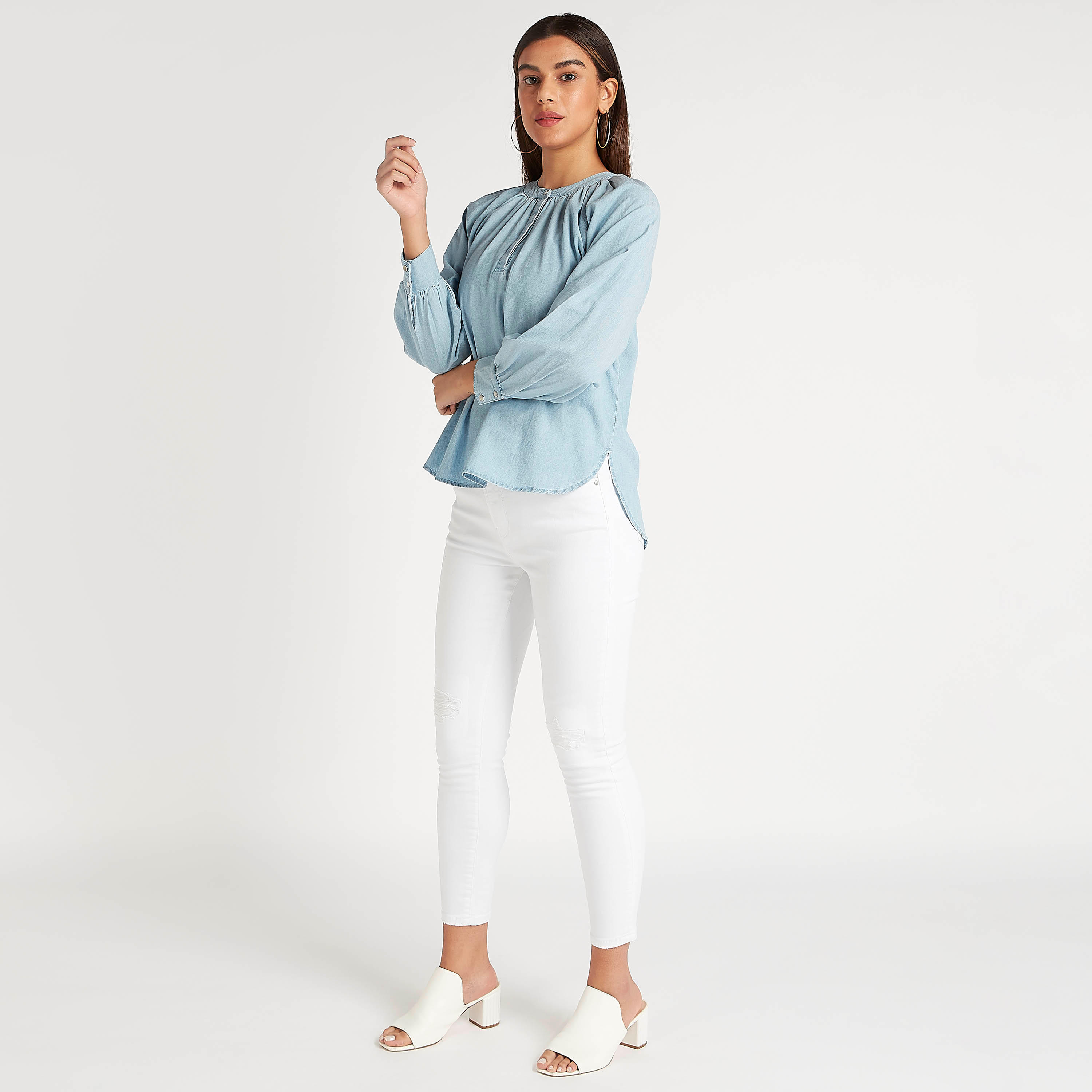 Solid Top with Mandarin Collar and Long Sleeves-women-clothing-shirtsandblouses-blouses-image-2