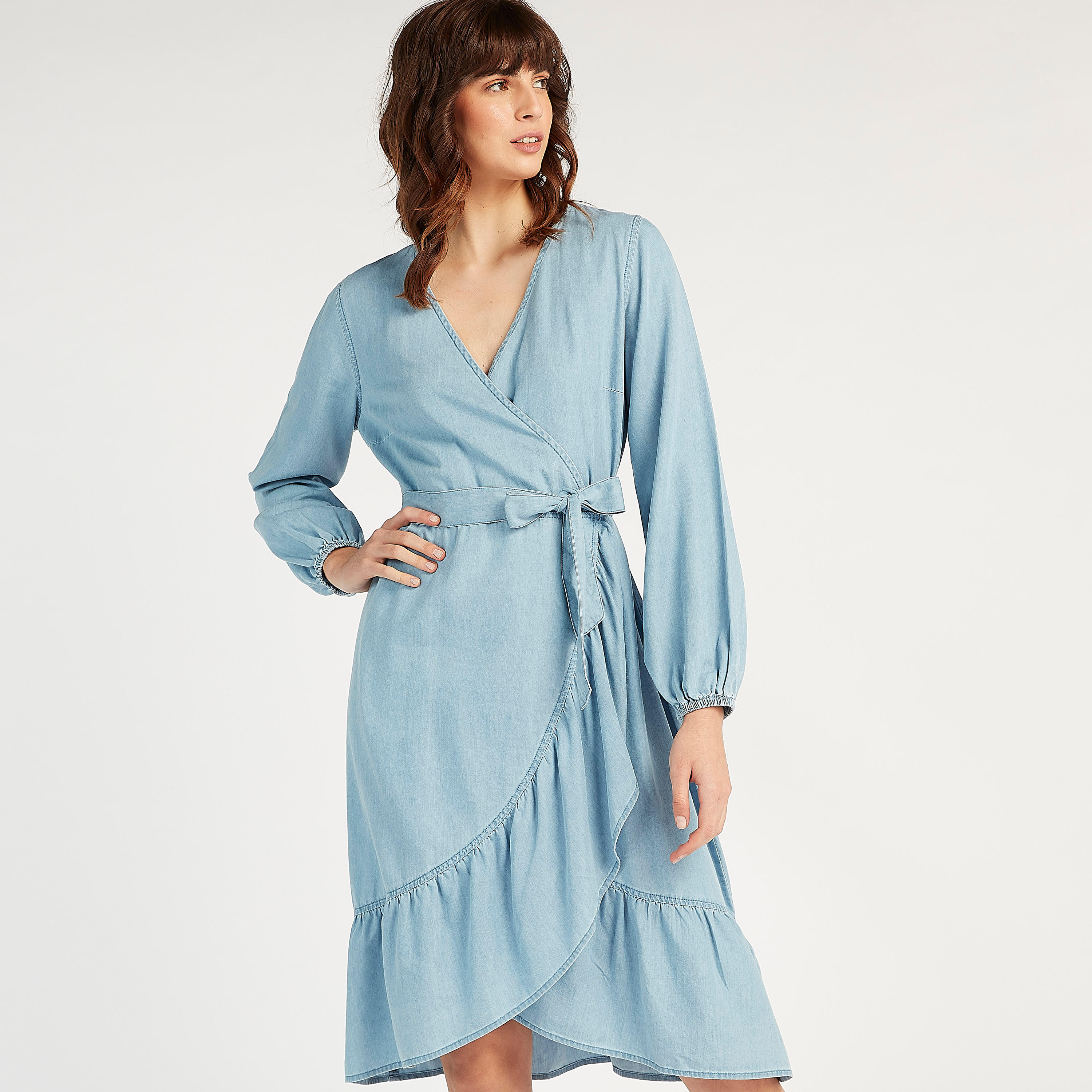Denim Wrap Midi Dress with Tie-Ups and Ruffle Hem-women-clothing-dresses-image-1