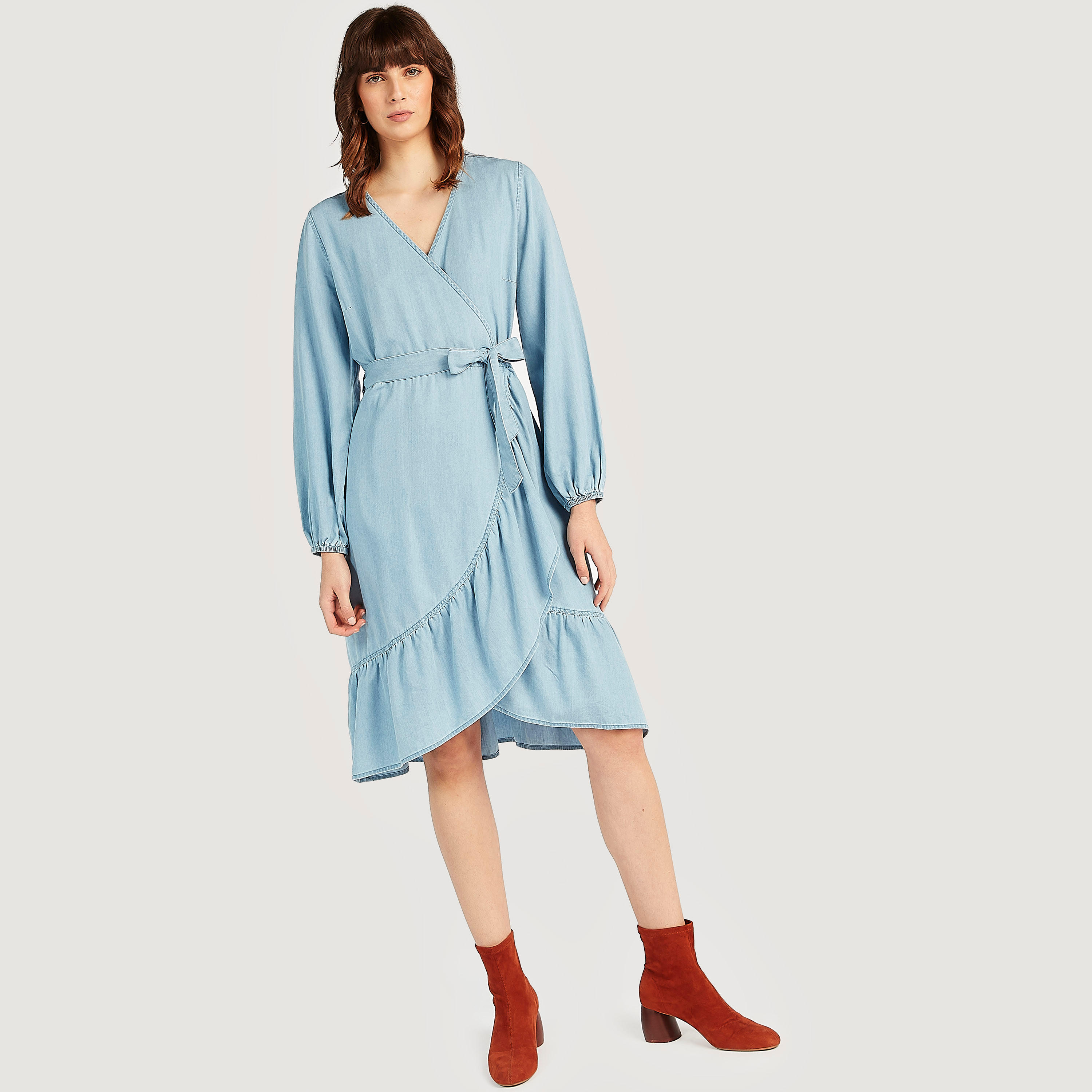 Denim Wrap Midi Dress with Tie-Ups and Ruffle Hem-women-clothing-dresses-image-2