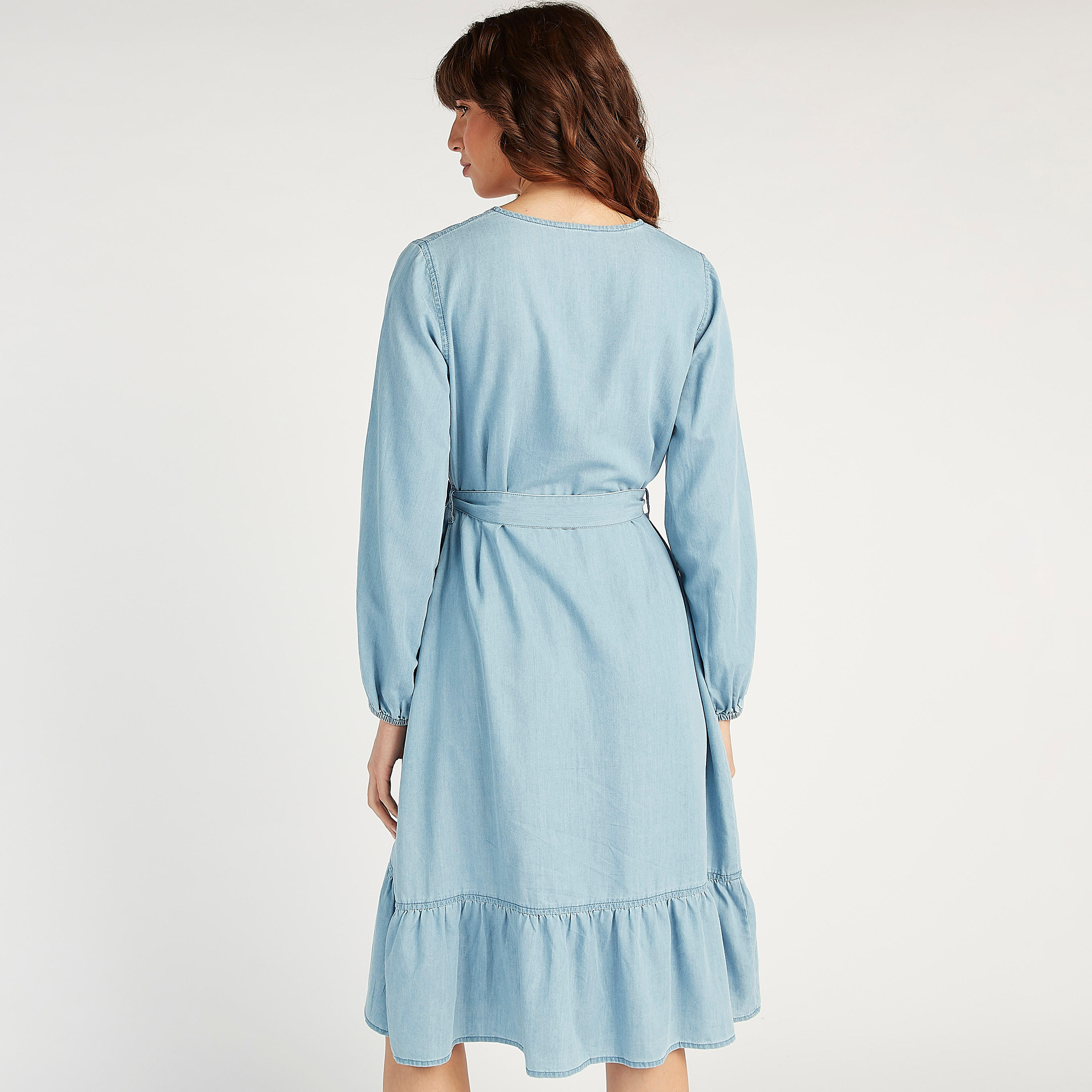 Denim Wrap Midi Dress with Tie-Ups and Ruffle Hem-women-clothing-dresses-image-4