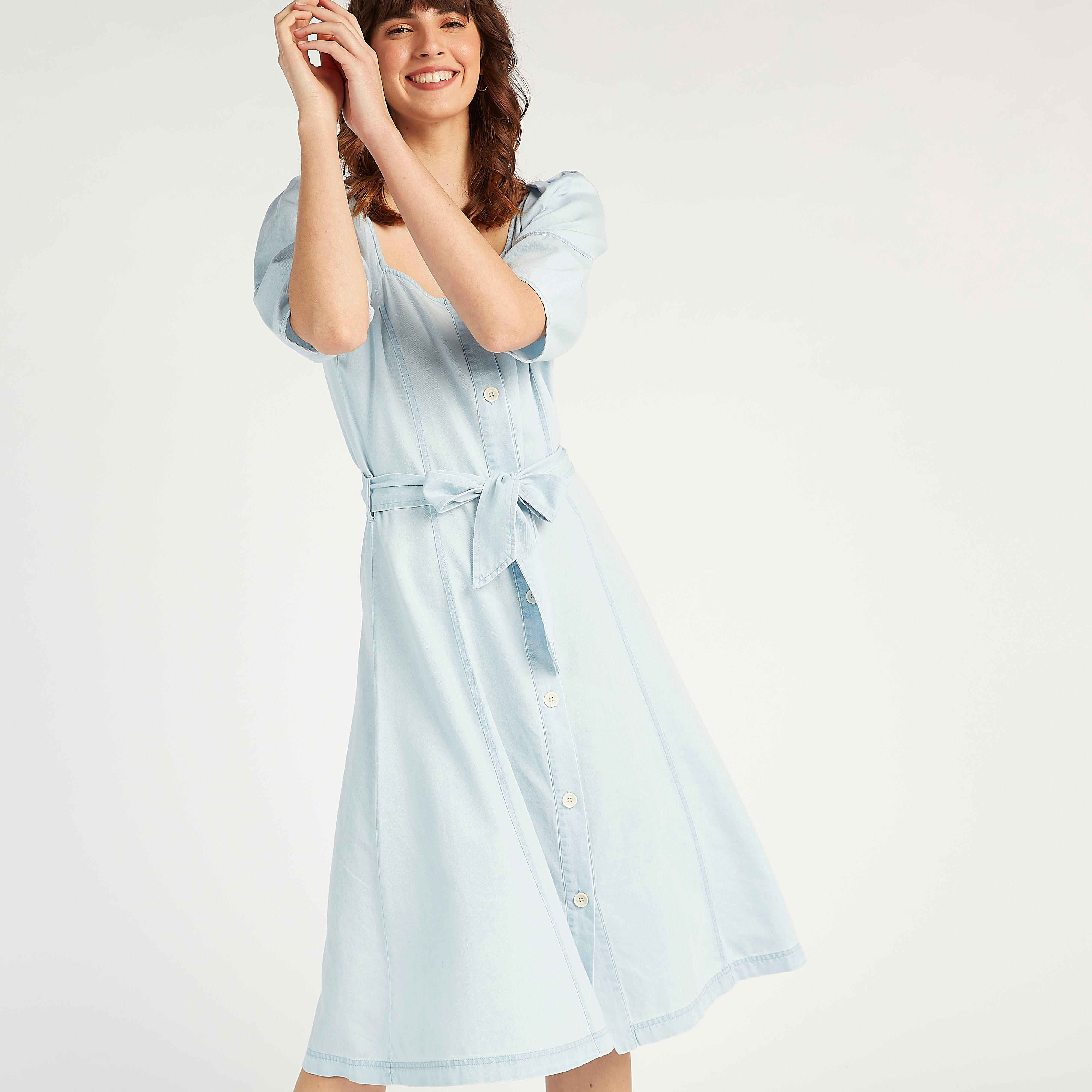 Solid Midi Denim Dress with Puff Sleeves and Tie-Ups-women-clothing-dresses-image-1