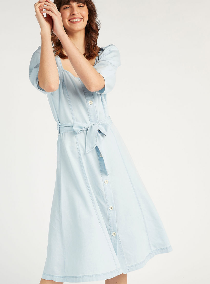 Solid Midi Denim Dress with Puff Sleeves and Tie-Ups-women-clothing-dresses-image-1