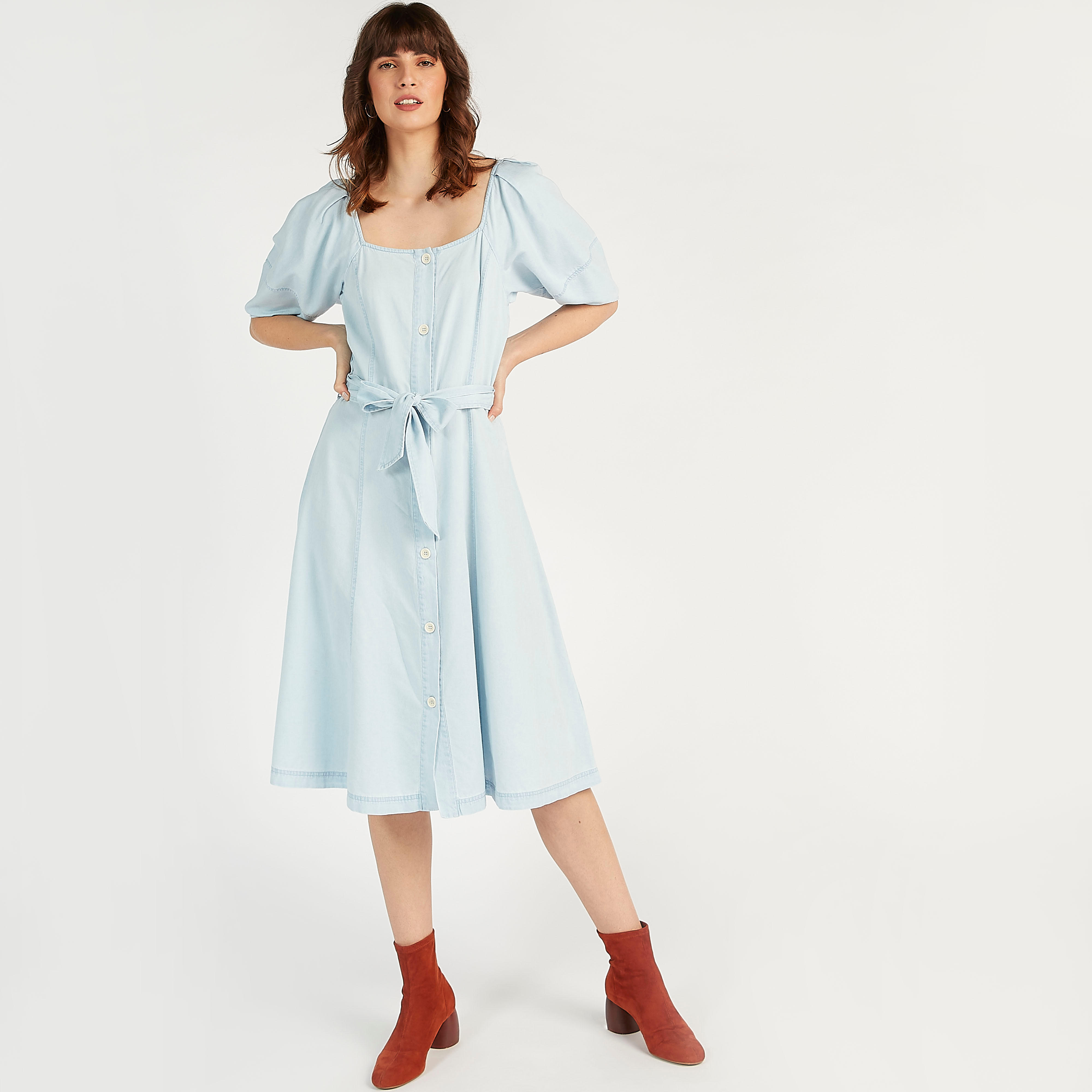 Solid Midi Denim Dress with Puff Sleeves and Tie-Ups-women-clothing-dresses-image-2