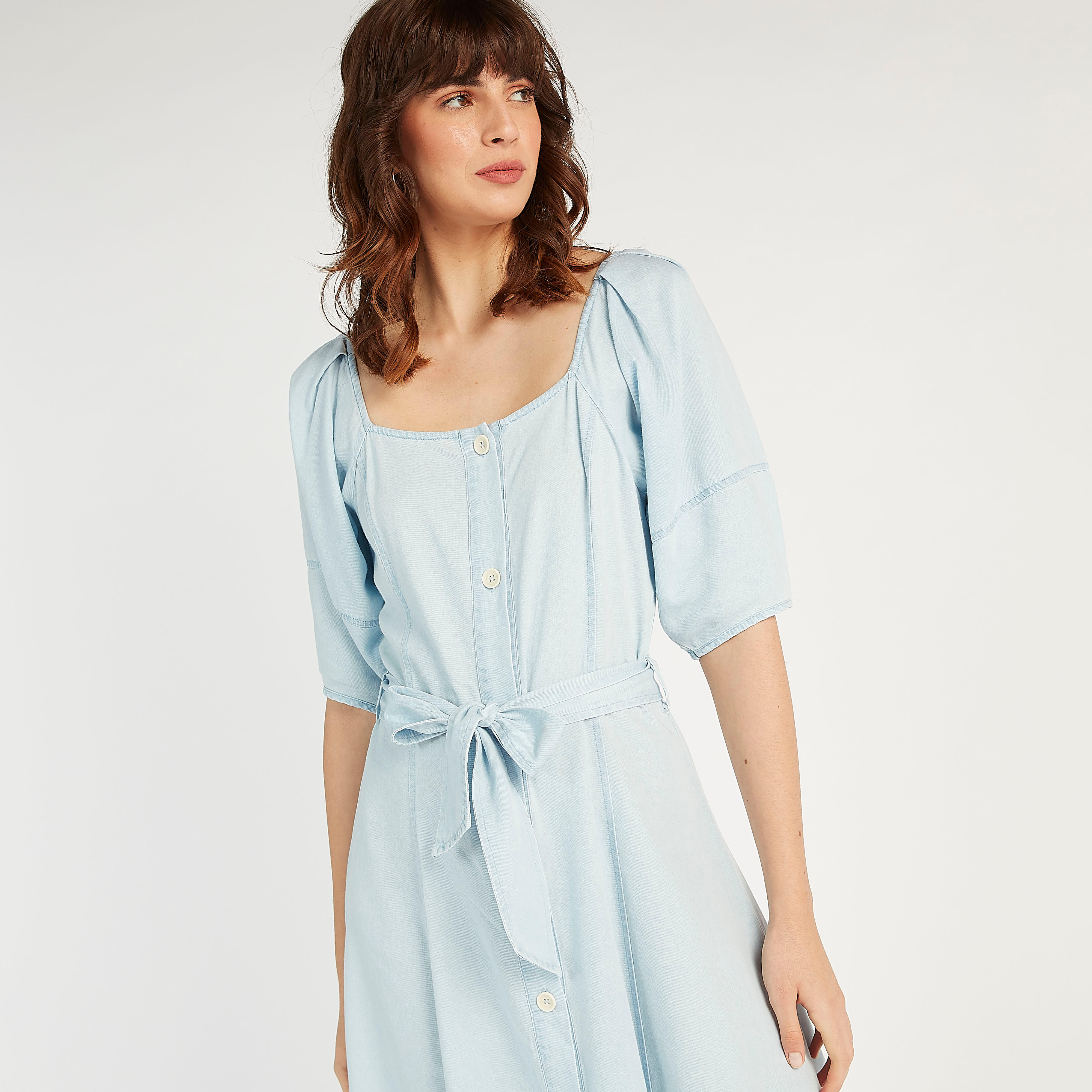 Solid Midi Denim Dress with Puff Sleeves and Tie-Ups-women-clothing-dresses-image-3