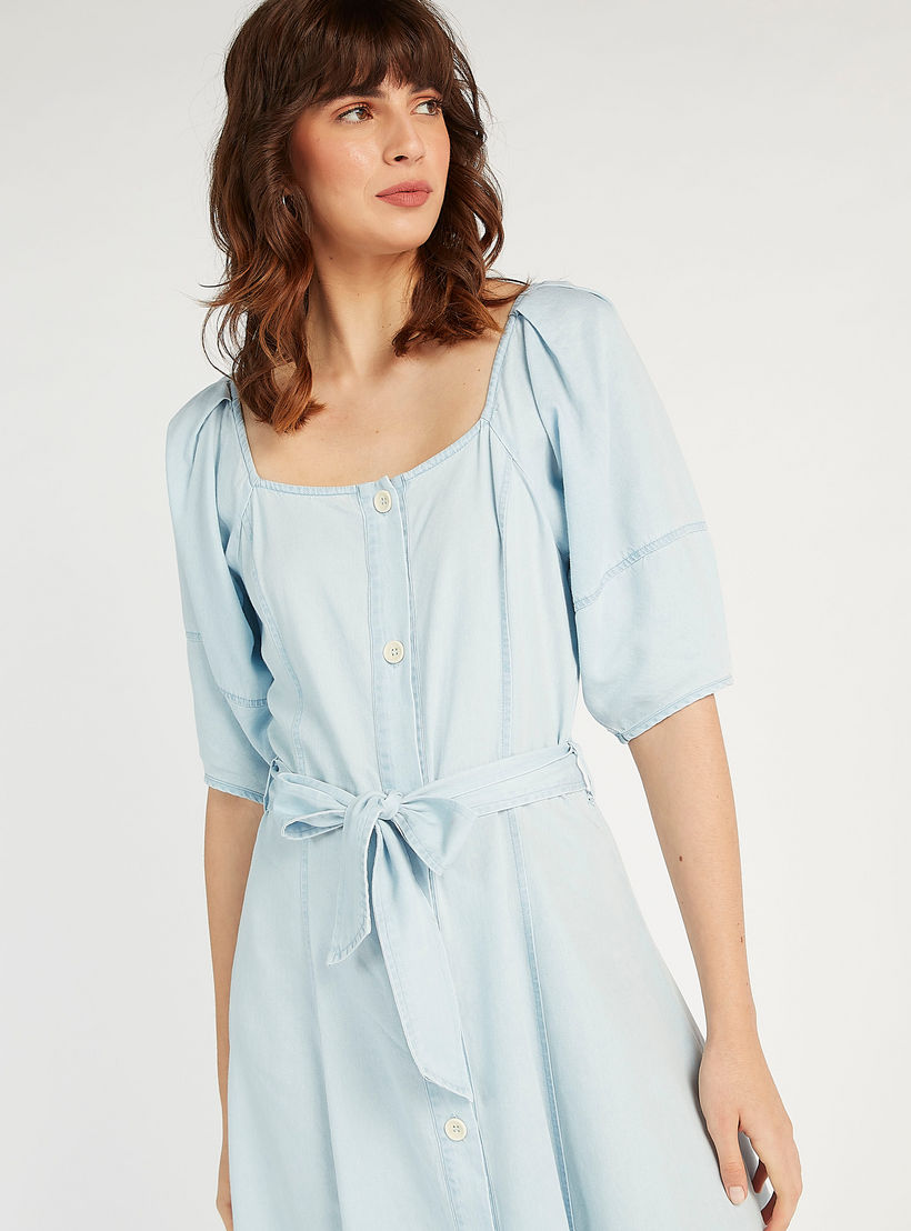 Solid Midi Denim Dress with Puff Sleeves and Tie-Ups-women-clothing-dresses-image-3