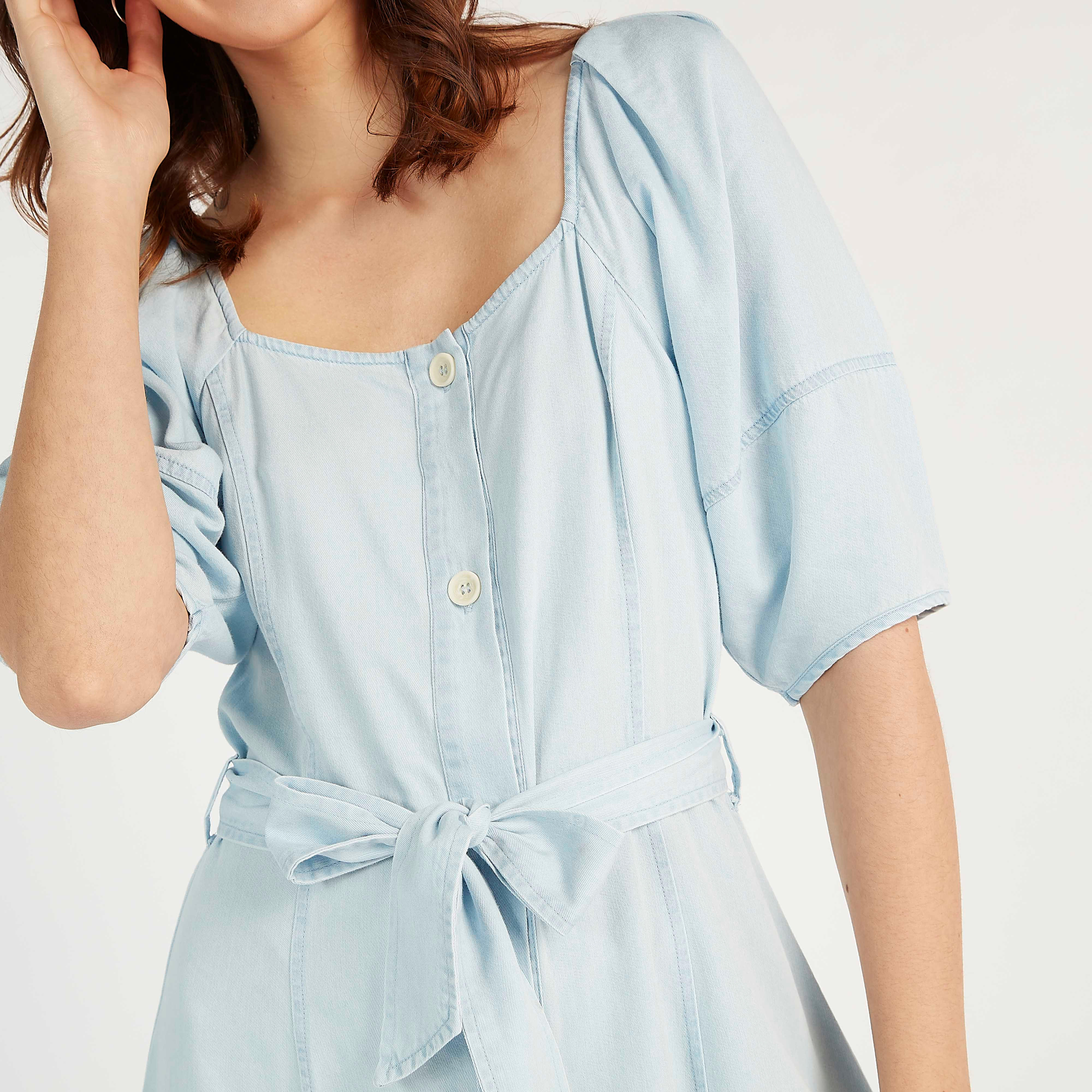 Solid Midi Denim Dress with Puff Sleeves and Tie-Ups-women-clothing-dresses-image-5