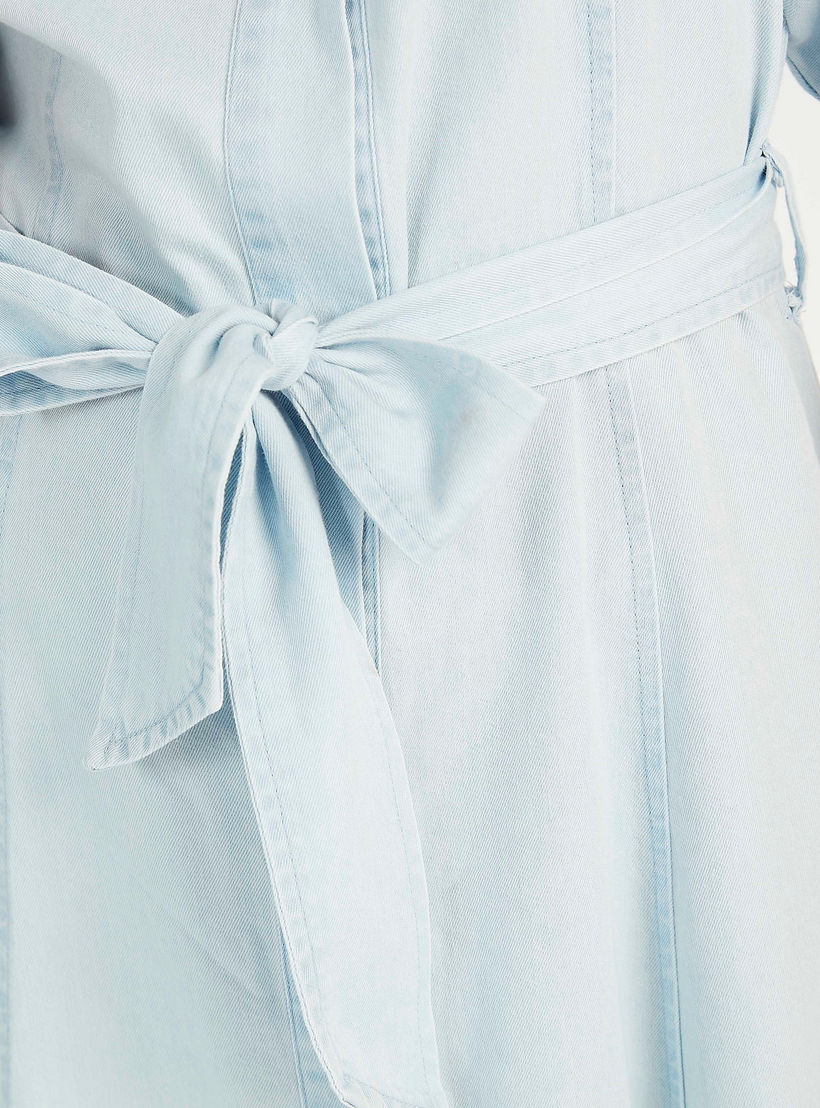 Solid Midi Denim Dress with Puff Sleeves and Tie-Ups-women-clothing-dresses-image-6