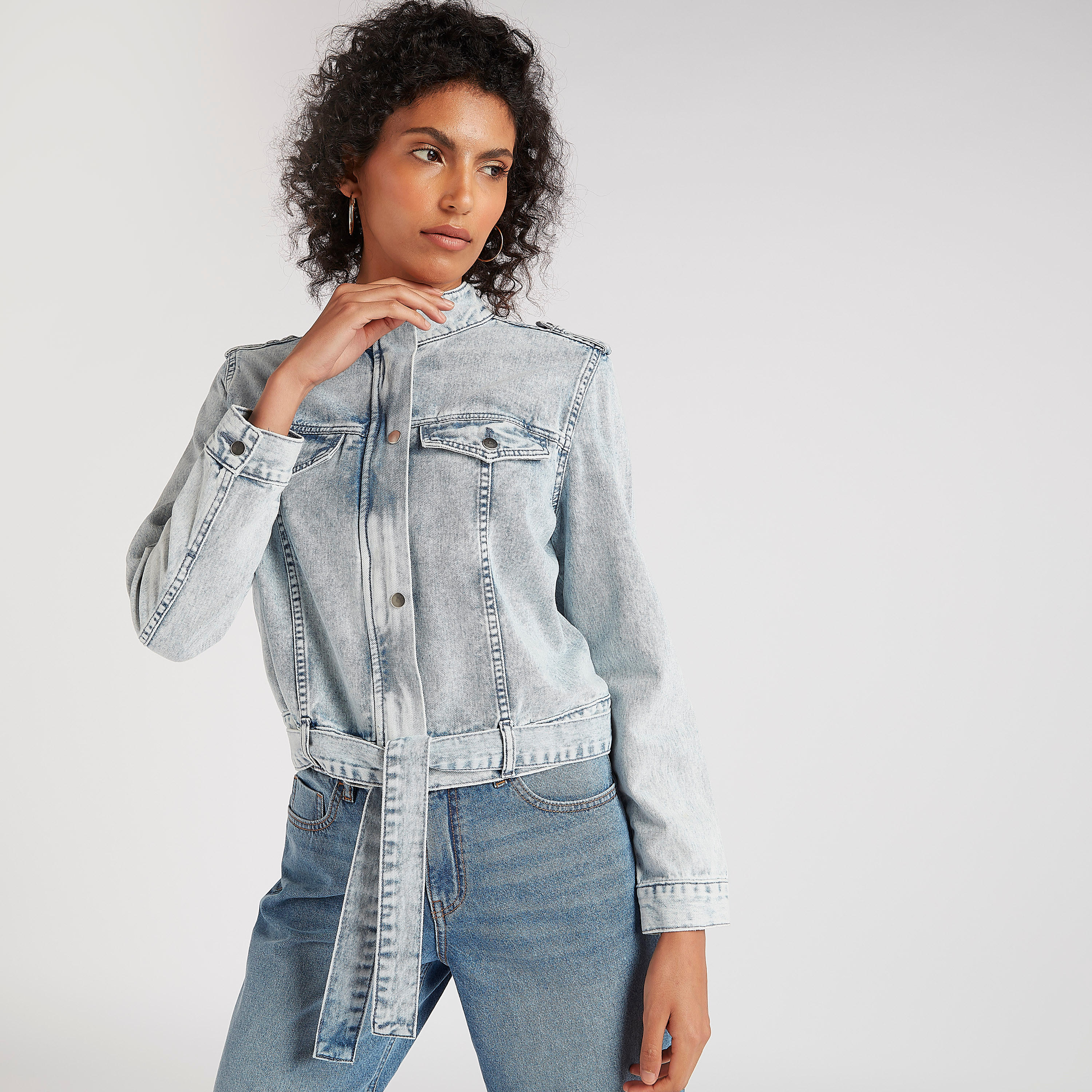 Solid Cropped Denim Jacket with Belt and Flap Pockets-women-winterwear-coatsandjackets-jackets-image-1