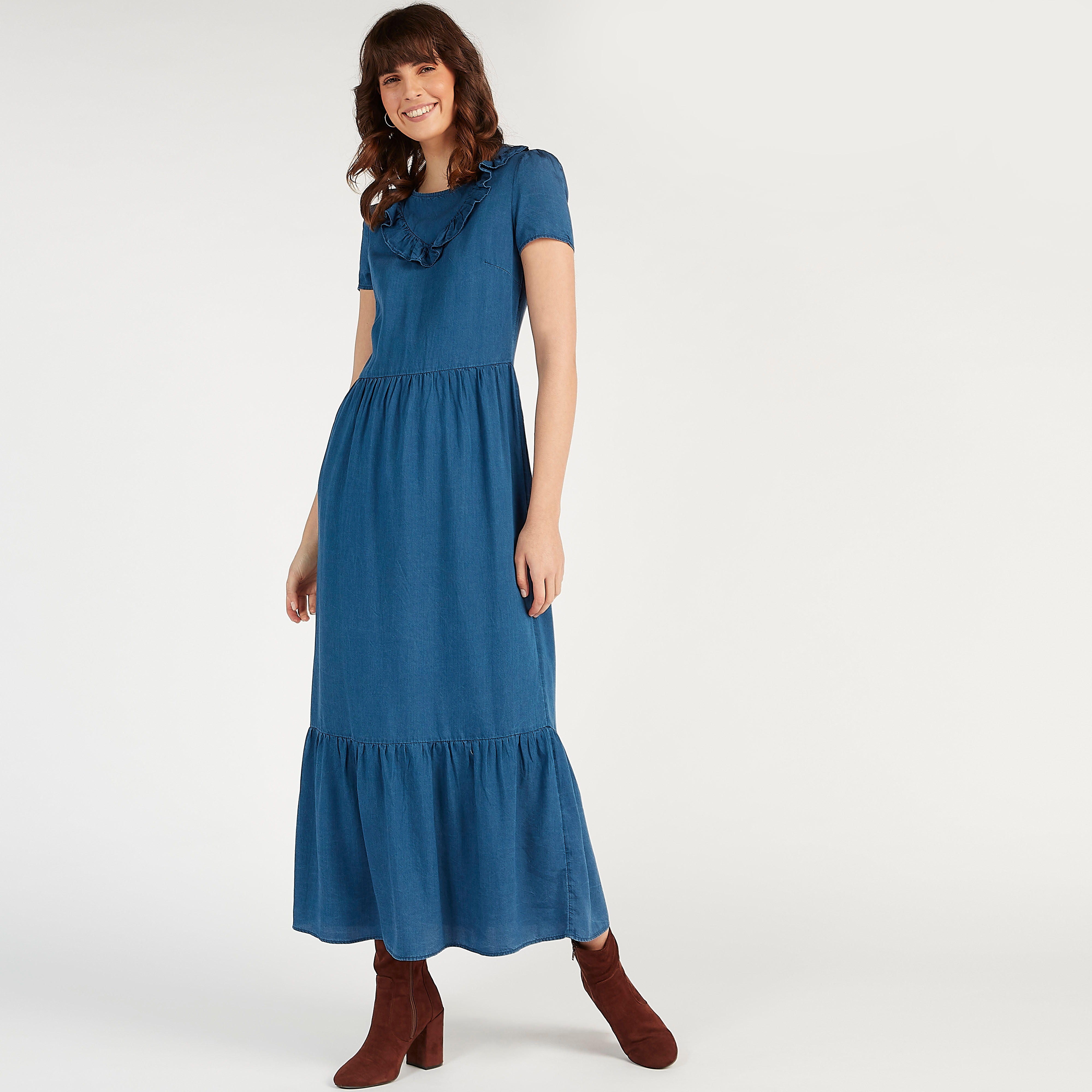 Maxi A-line Denim Dress with Ruffle Detail-women-clothing-dresses-image-1
