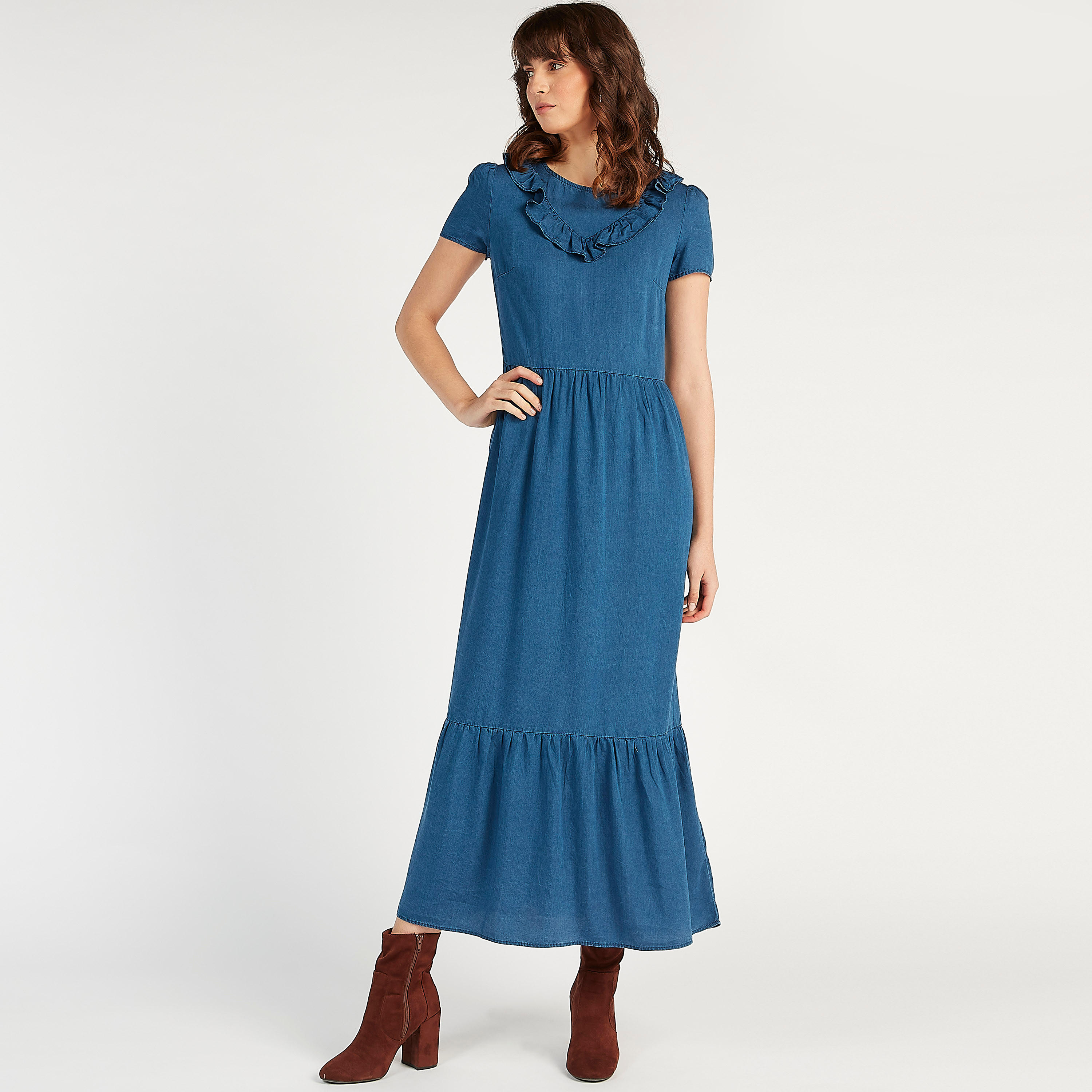 Maxi A-line Denim Dress with Ruffle Detail-women-clothing-dresses-image-2