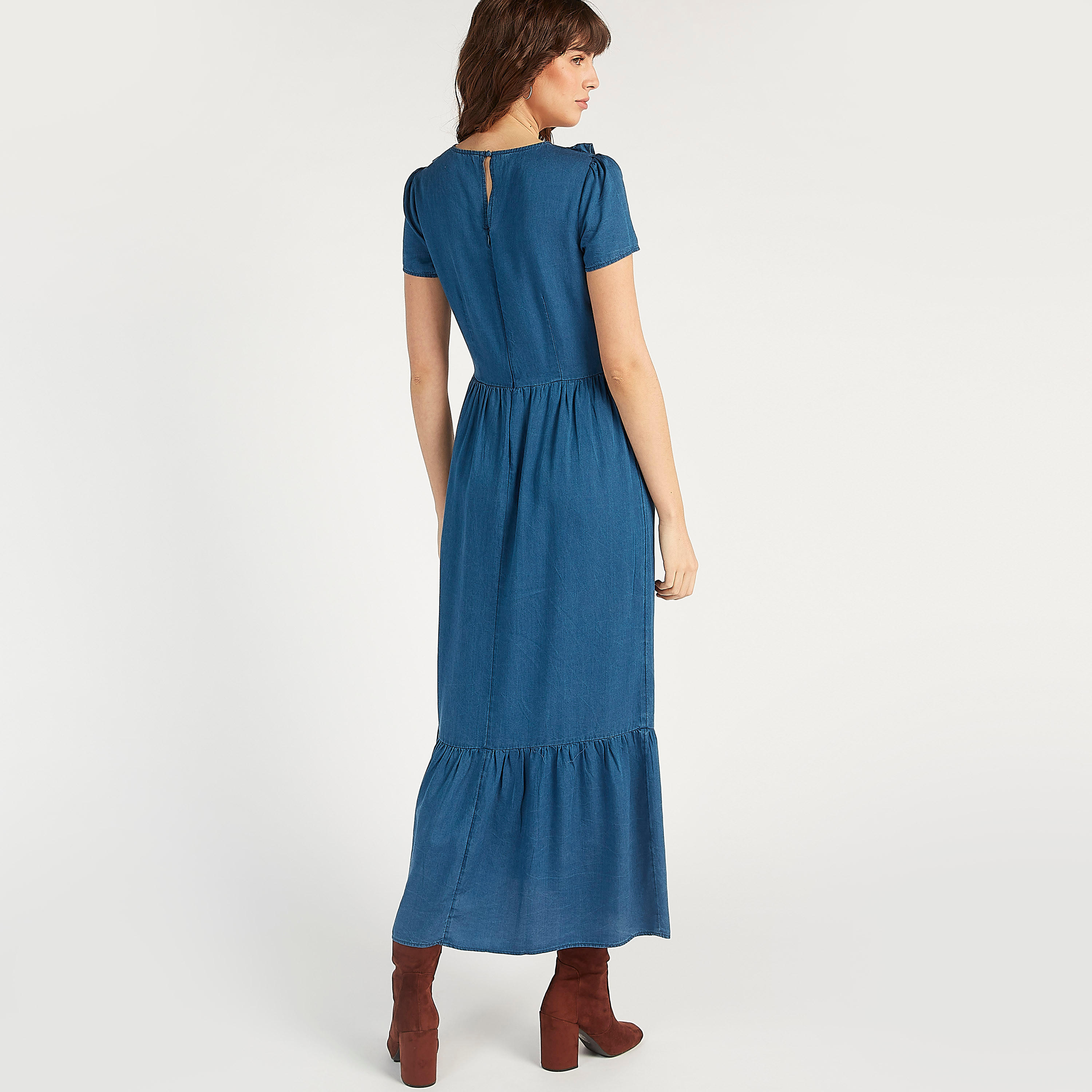 Maxi A-line Denim Dress with Ruffle Detail-women-clothing-dresses-image-4