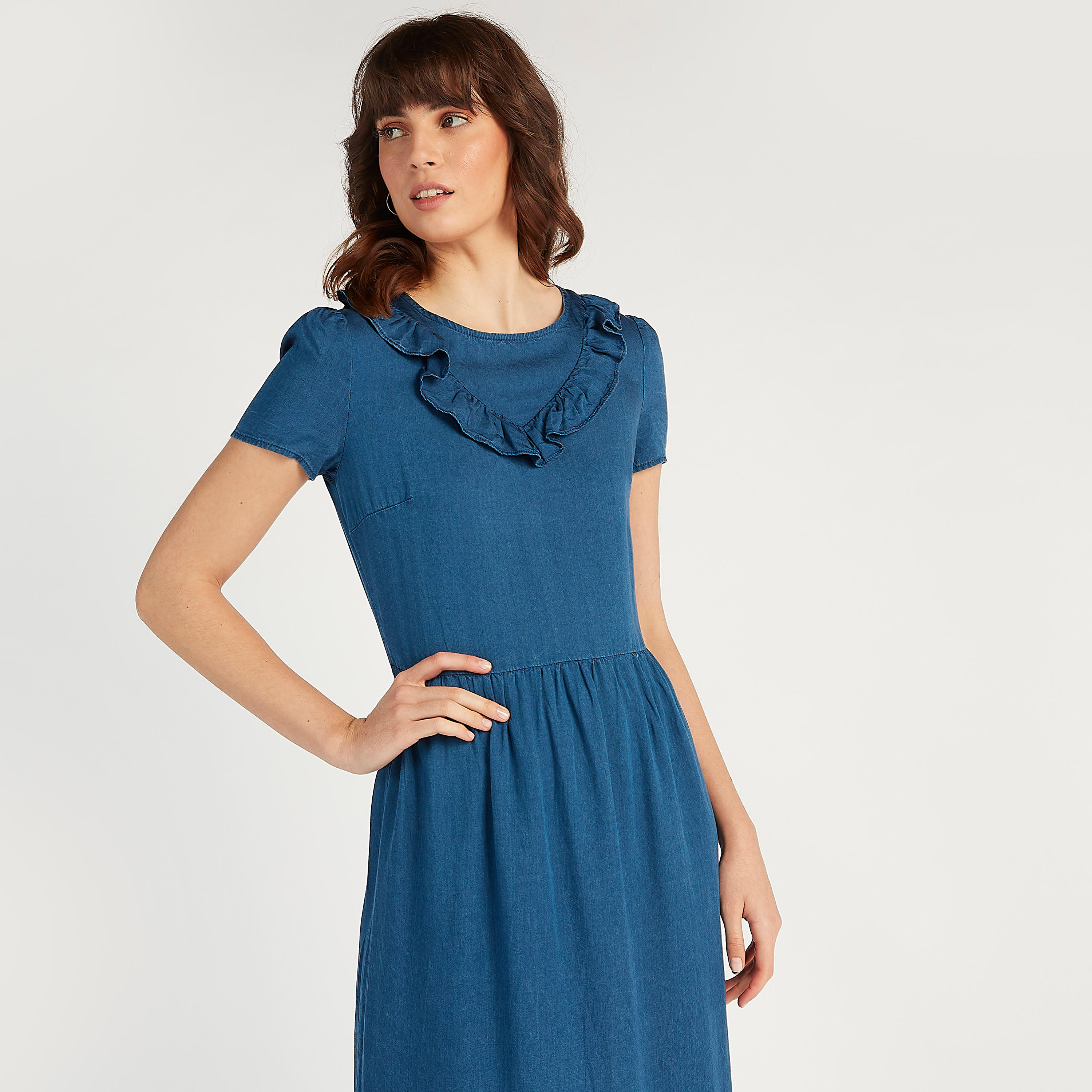 Maxi A-line Denim Dress with Ruffle Detail-women-clothing-dresses-image-5