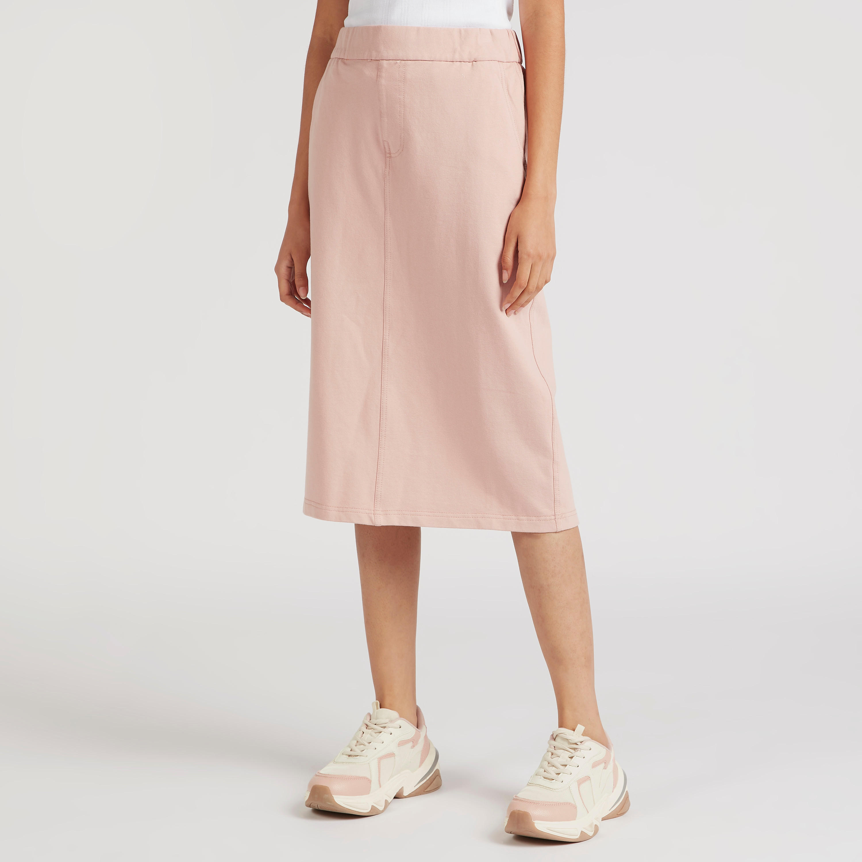 Solid Denim Skirt with Elasticated Waistband and Pockets-women-clothing-bottoms-skirts-image-1