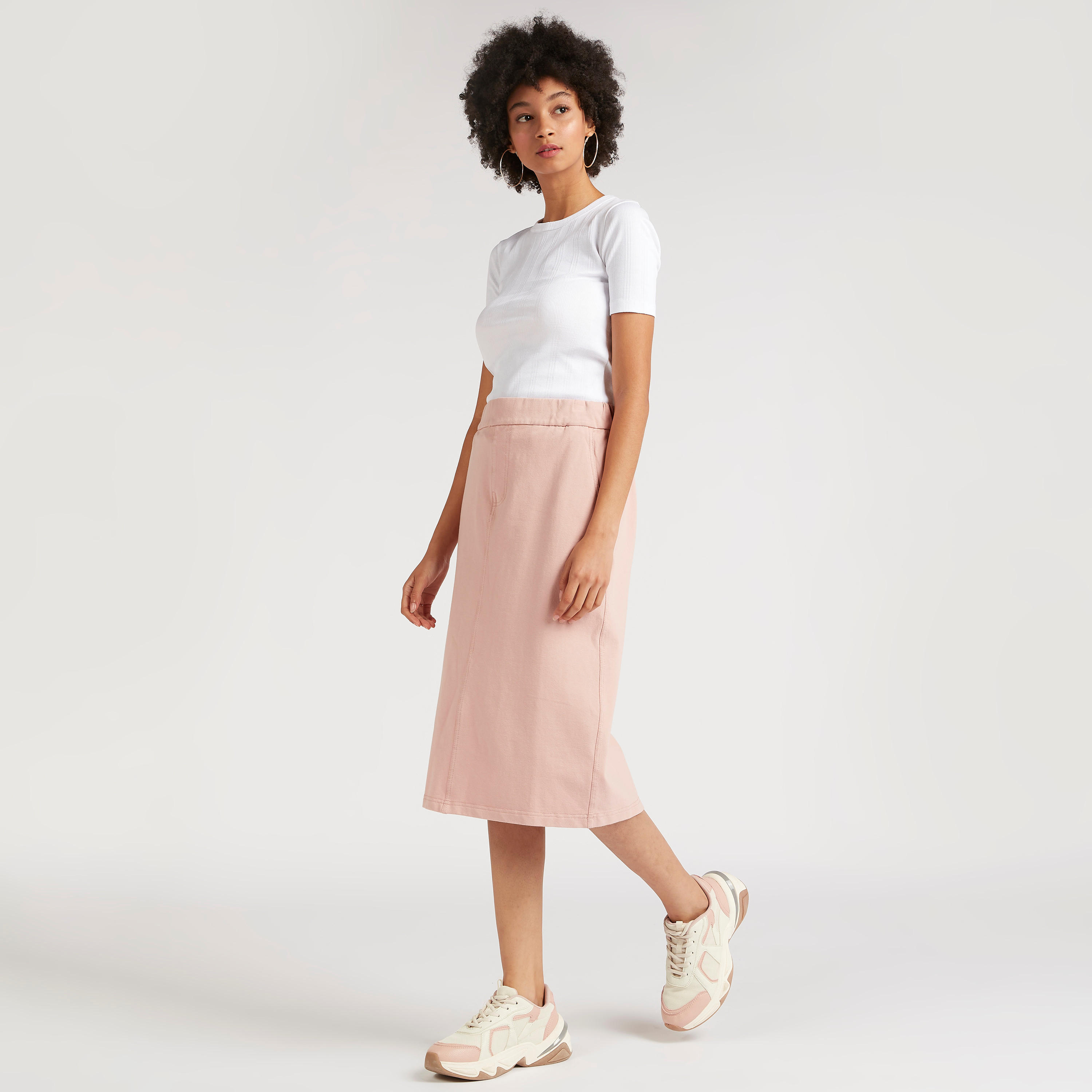 Solid Denim Skirt with Elasticated Waistband and Pockets-women-clothing-bottoms-skirts-image-2