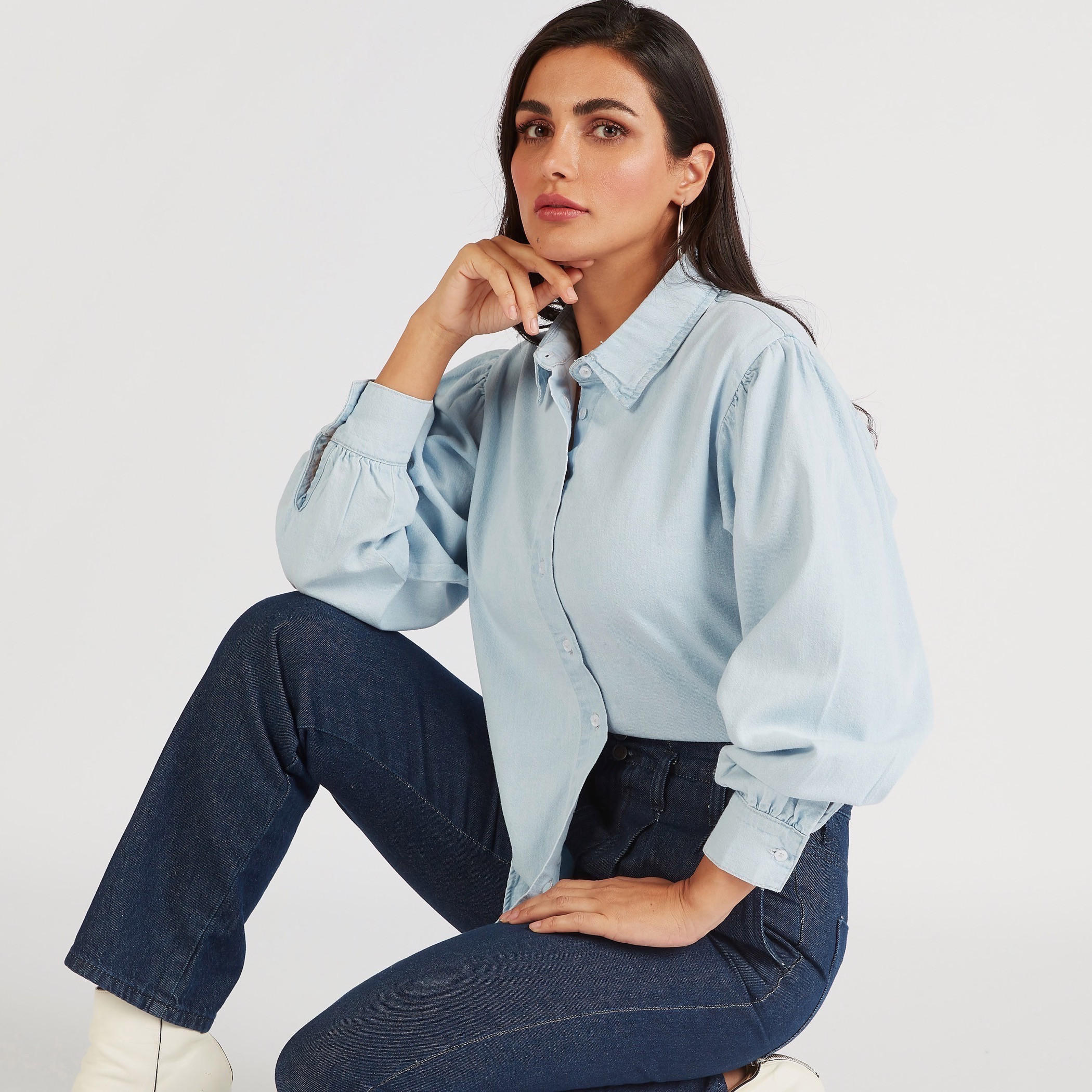 قميص دنيم سادة بأكمام بيشوب-women-clothing-shirtsandblouses-shirts-image-6