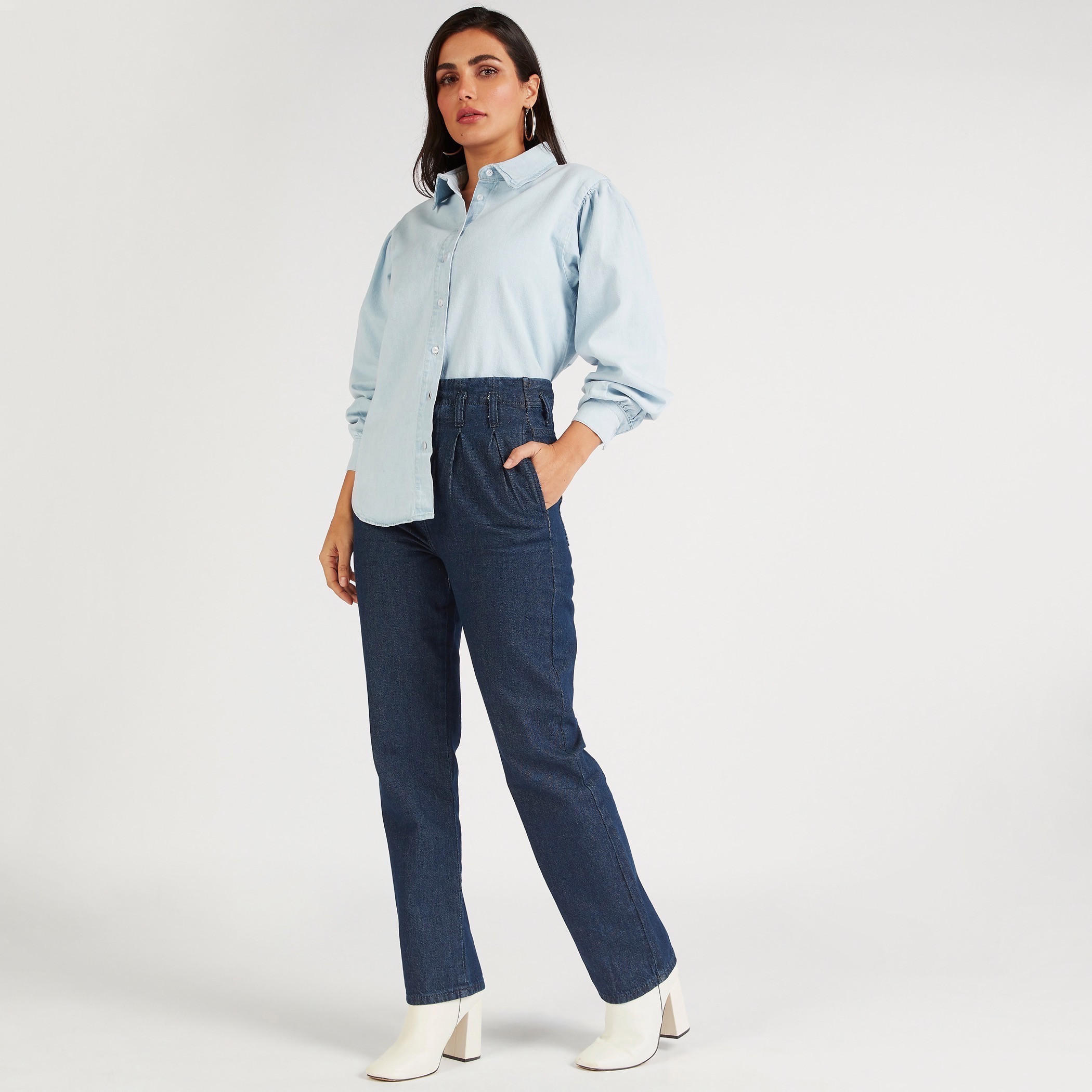 قميص دنيم سادة بأكمام بيشوب-women-clothing-shirtsandblouses-shirts-image-5