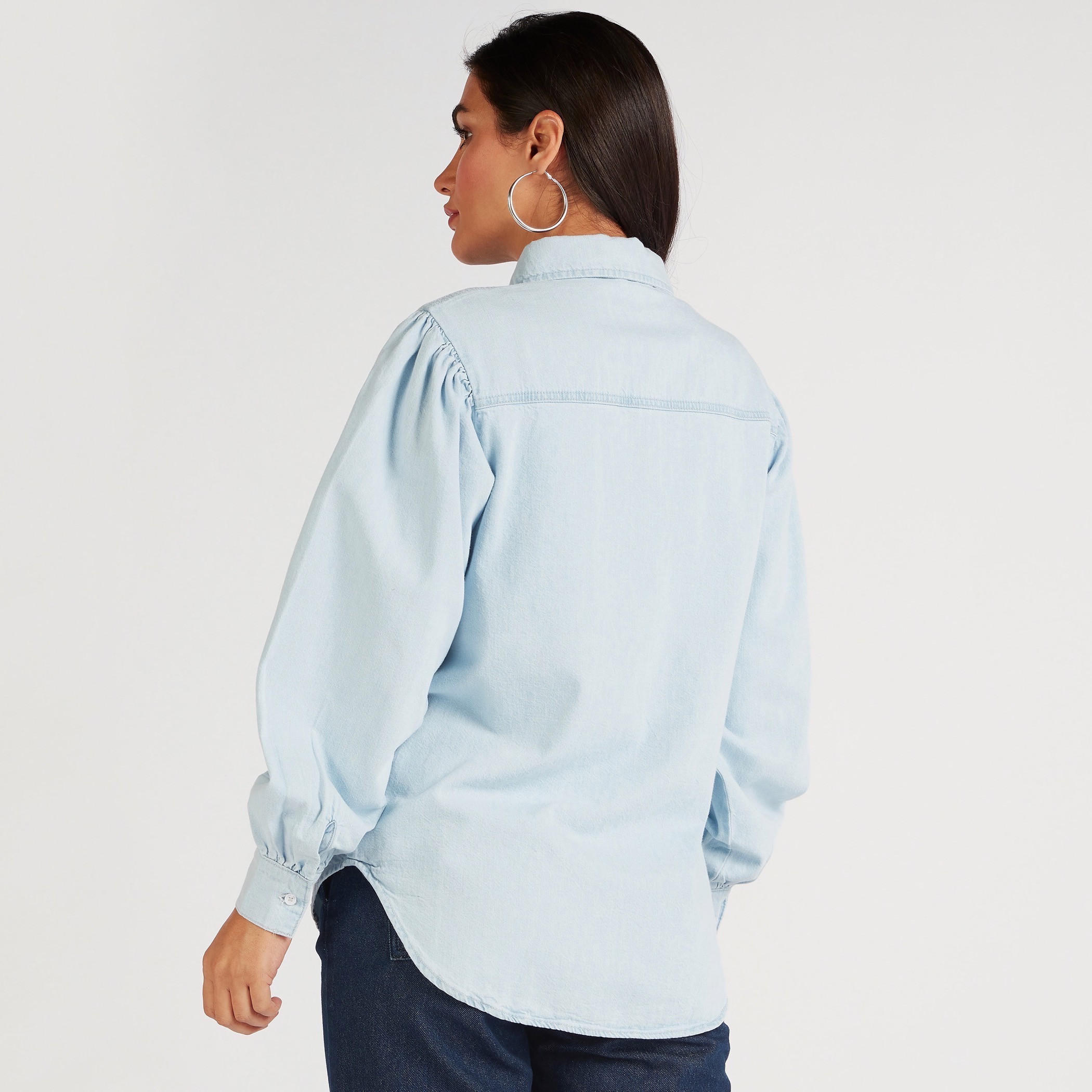 قميص دنيم سادة بأكمام بيشوب-women-clothing-shirtsandblouses-shirts-image-3
