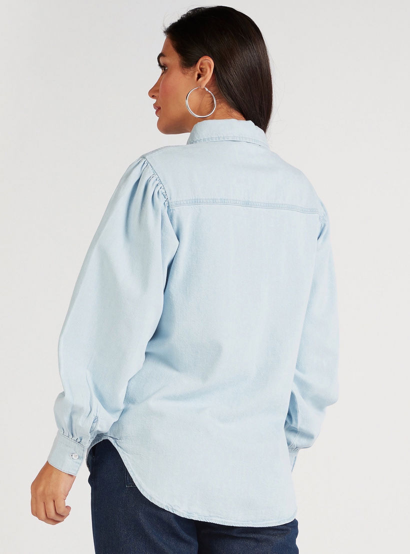 قميص دنيم سادة بأكمام بيشوب-women-clothing-shirtsandblouses-shirts-image-3