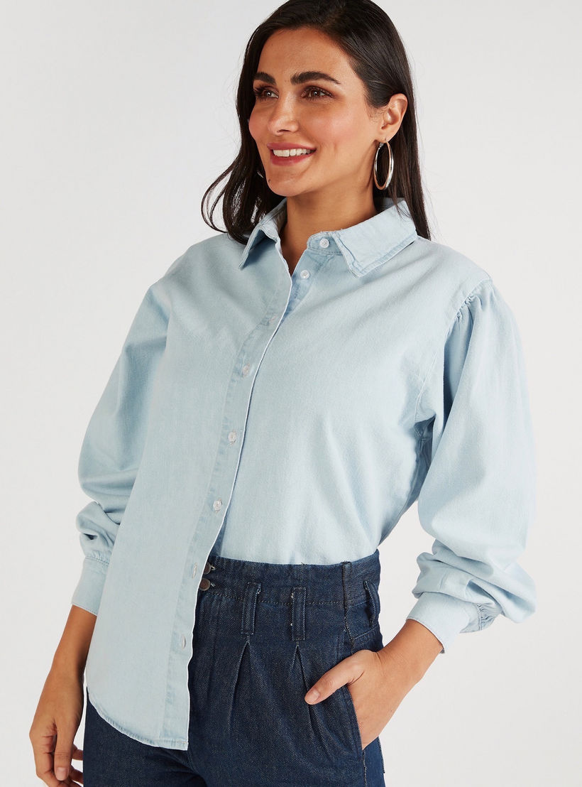 قميص دنيم سادة بأكمام بيشوب-women-clothing-shirtsandblouses-shirts-image-2