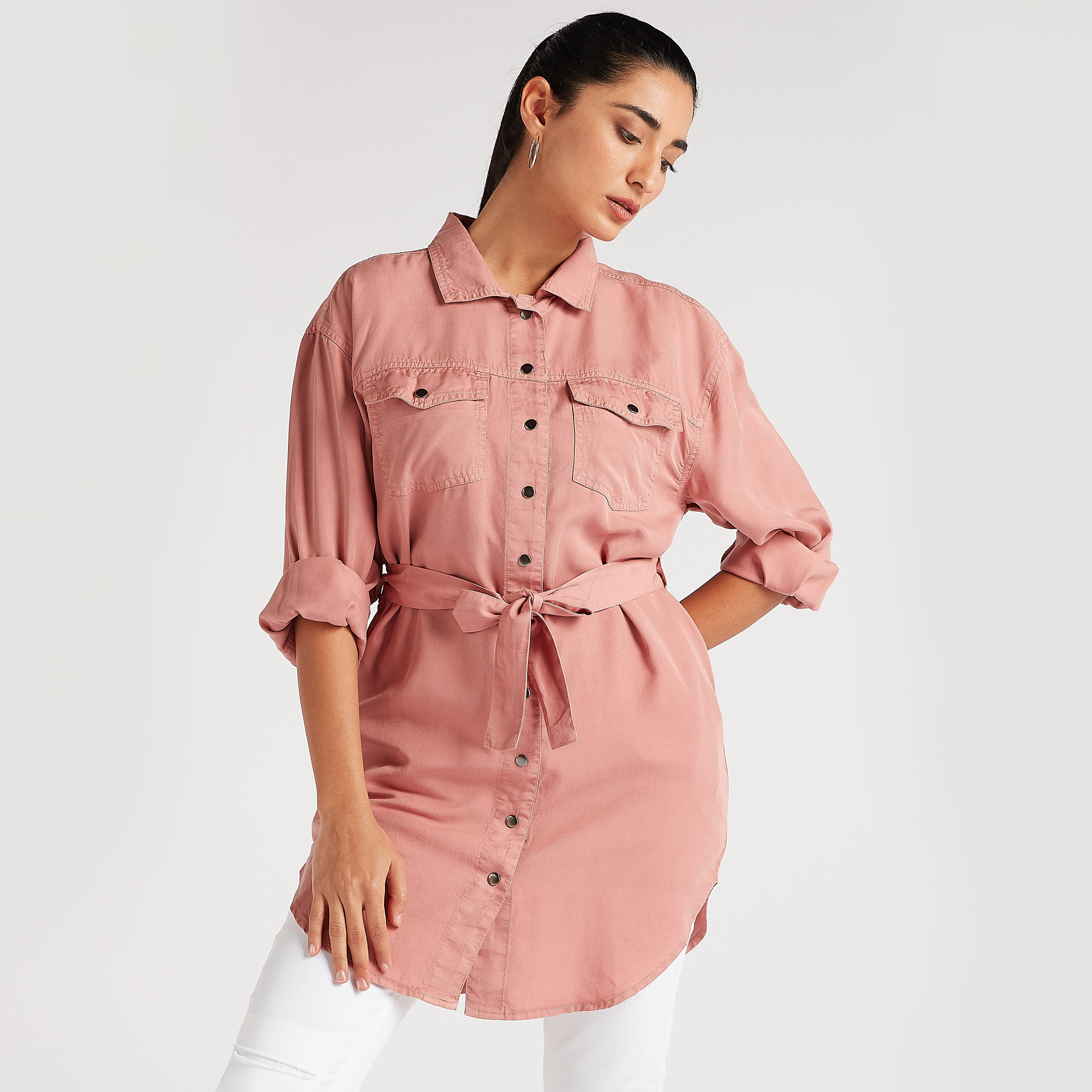 Solid Denim Tunic with Belt and Collar-women-clothing-shirtsandblouses-blouses-image-1