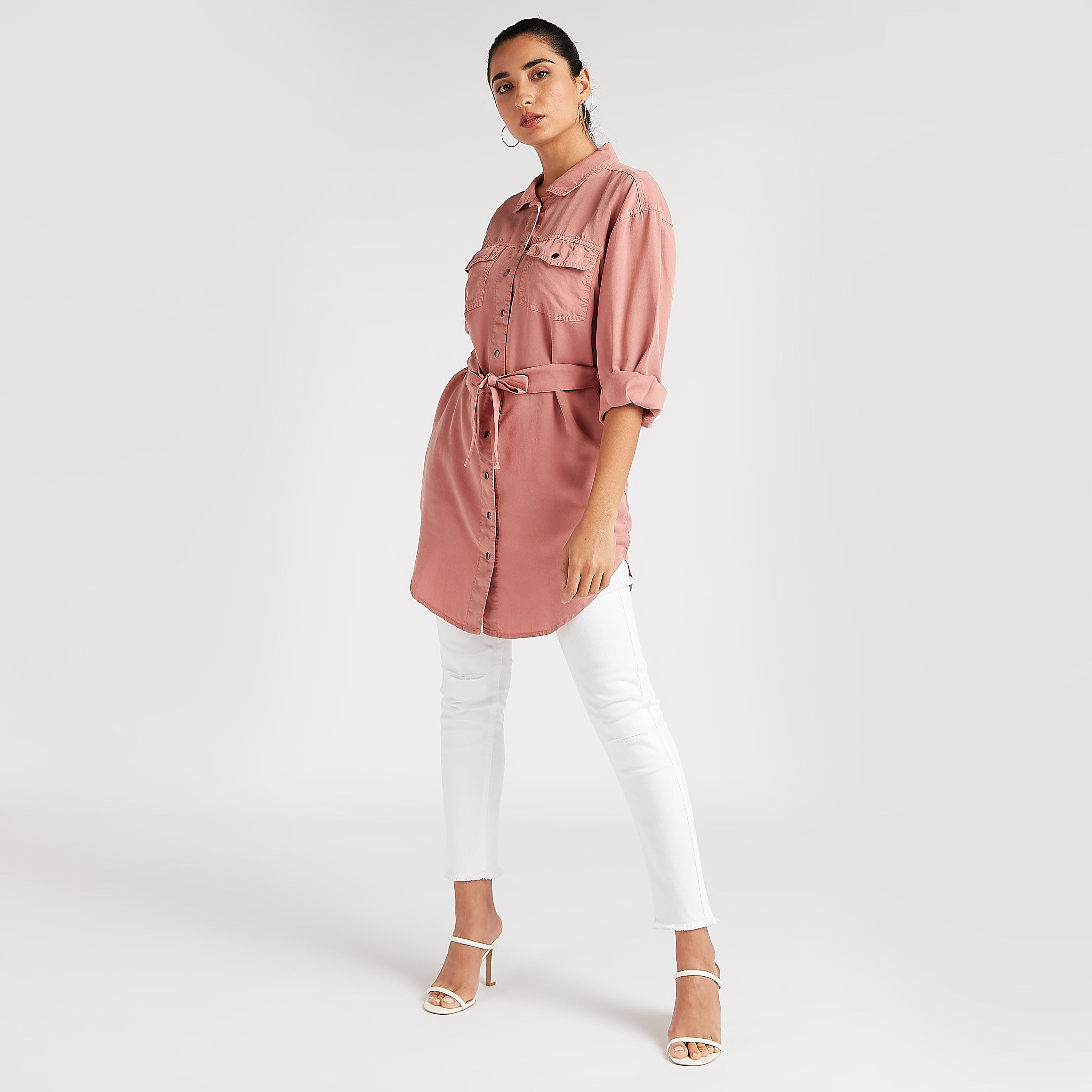 Solid Denim Tunic with Belt and Collar-women-clothing-shirtsandblouses-blouses-image-2
