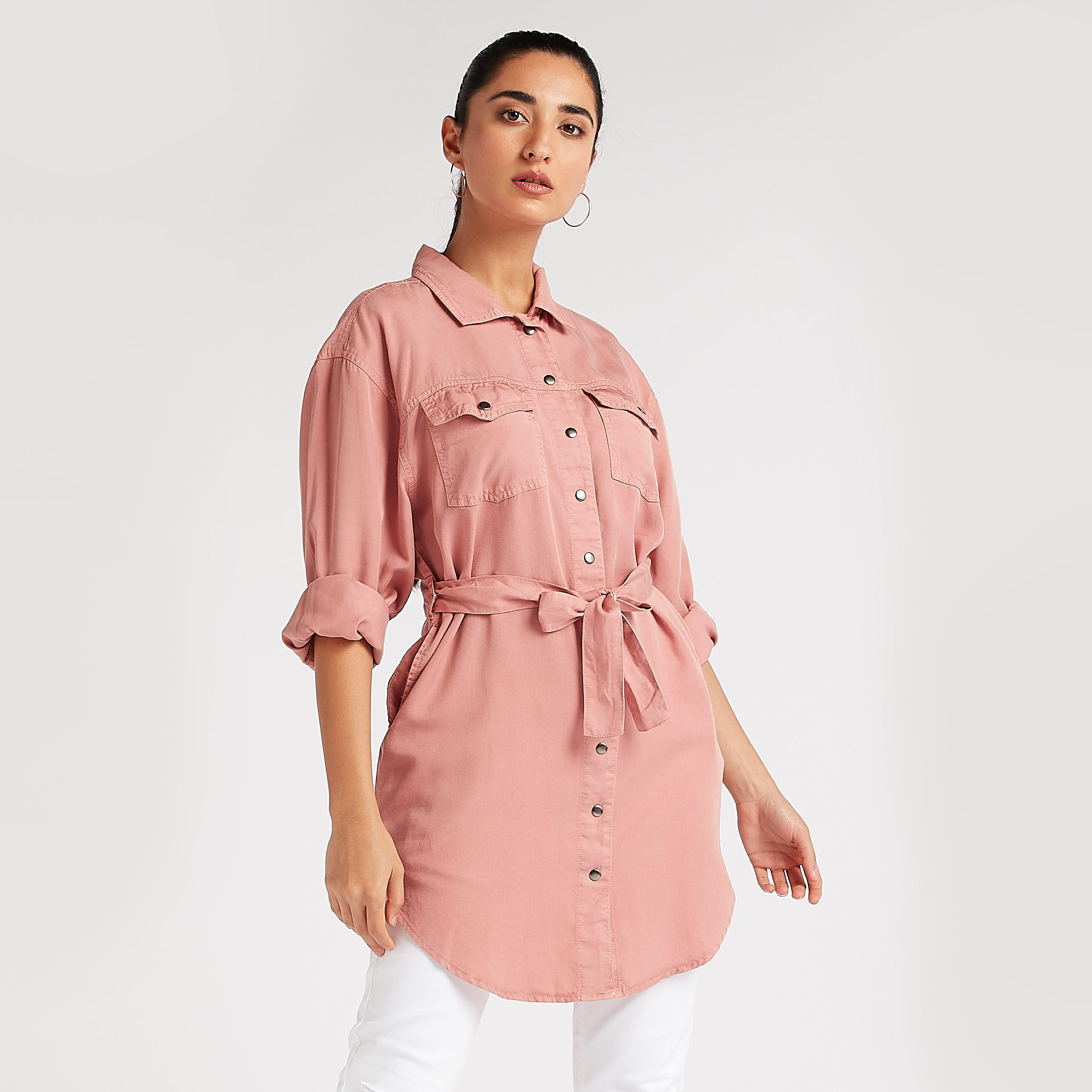 Solid Denim Tunic with Belt and Collar-women-clothing-shirtsandblouses-blouses-image-5