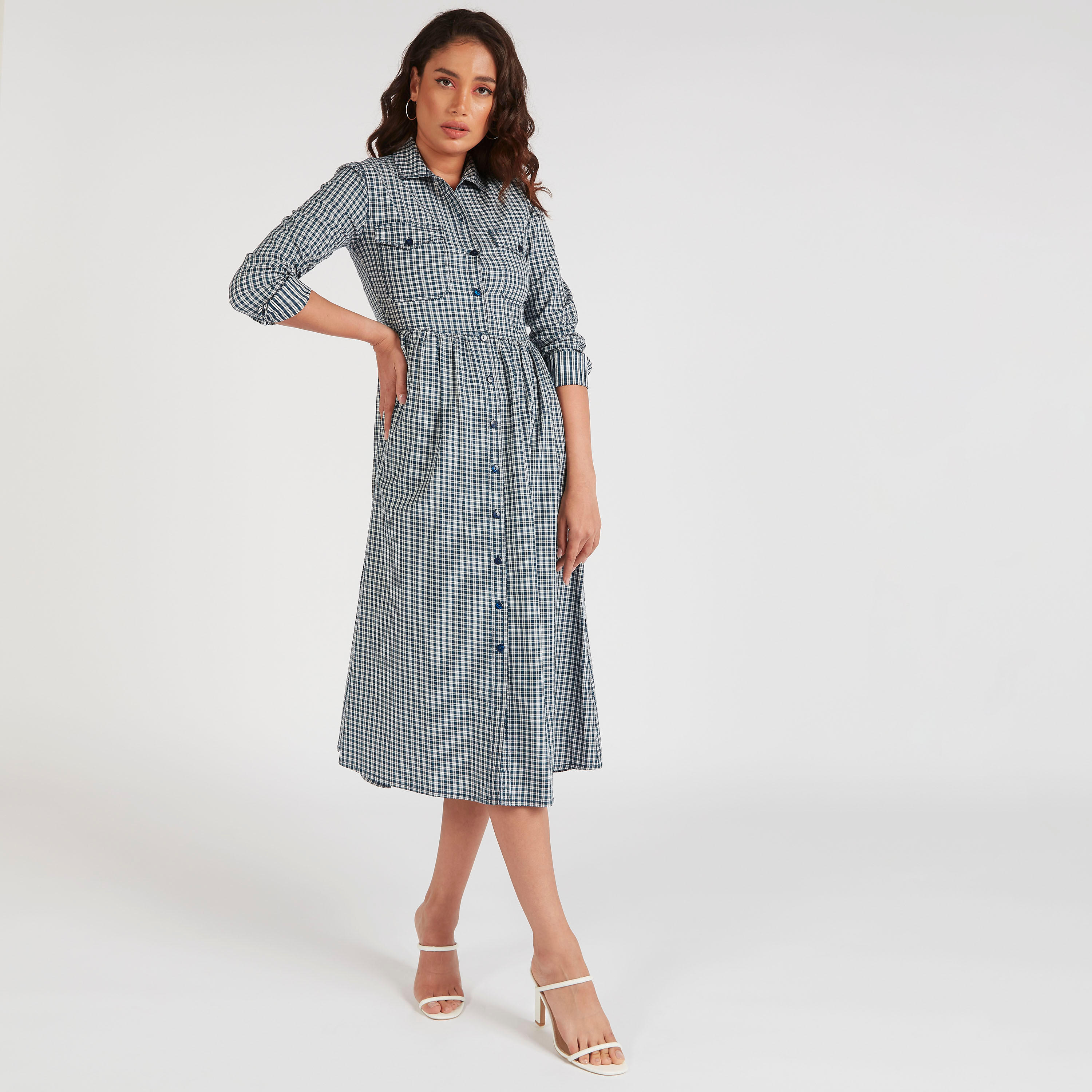 فستان قميص كاروهات ميدي إيه لاين وجيوب بطيّة-women-clothing-dresses-image-1